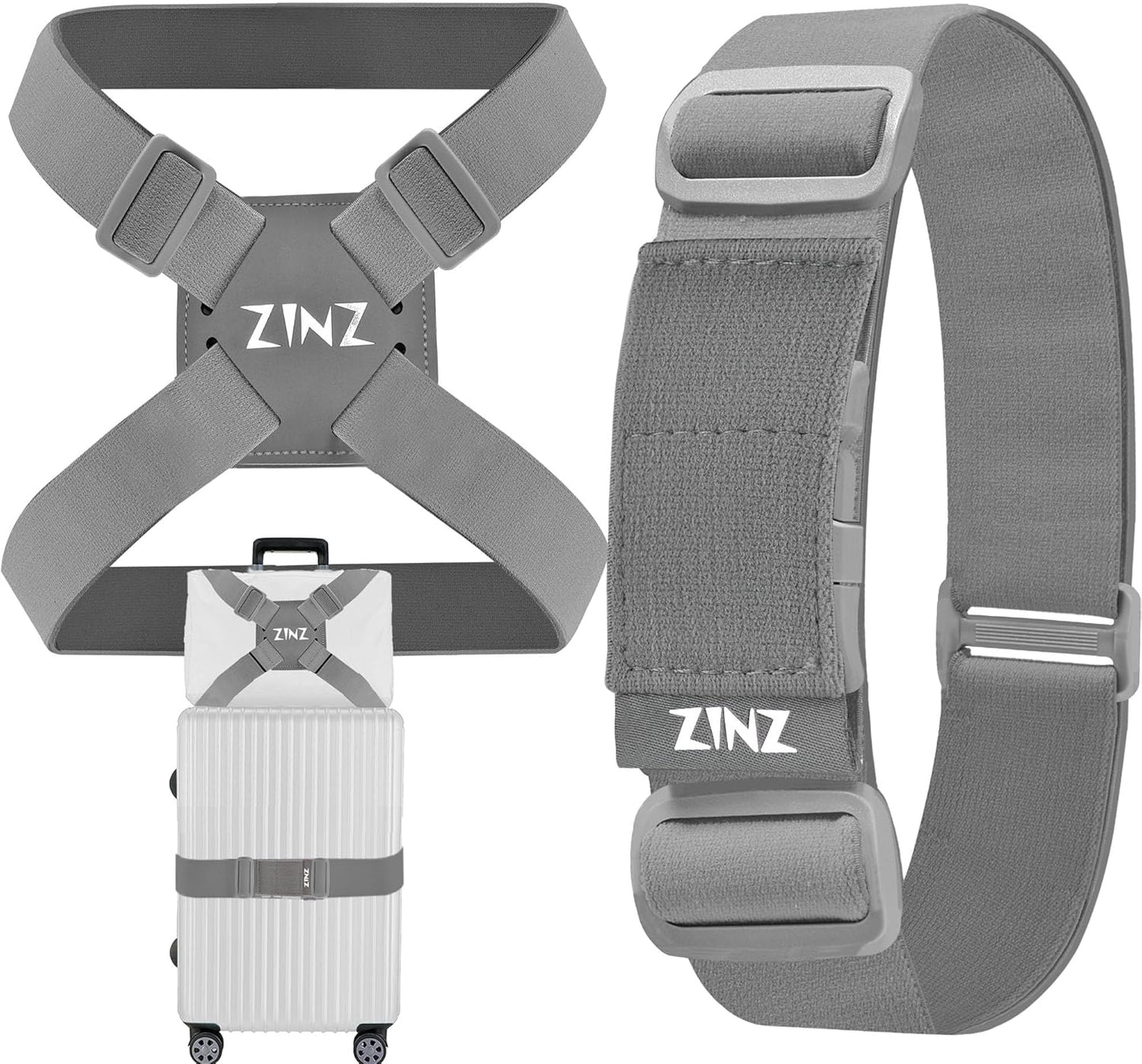 2-Pack Elastic Luggage Straps with Suitcase Bungee, Adjustable Bag Belt Travel Accessories -Gray