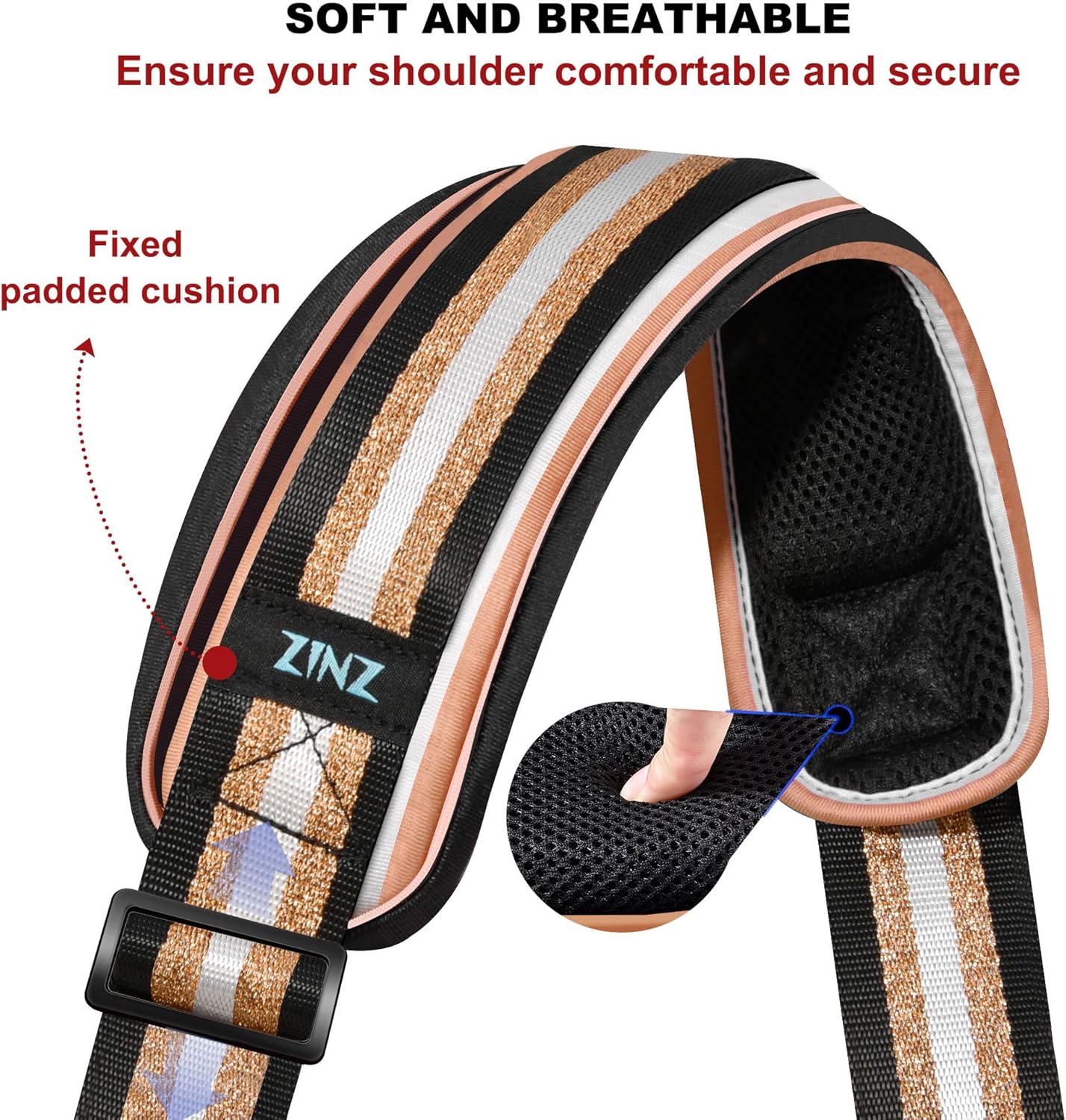 ZINZ Shoulder Strap - 59 Inch Universal Heavy-duty Adjustable Strap with Ultra-thick Fixed Breathable Pad for Laptop, Gym, Camera Bag and More - Black Gold Jacquard