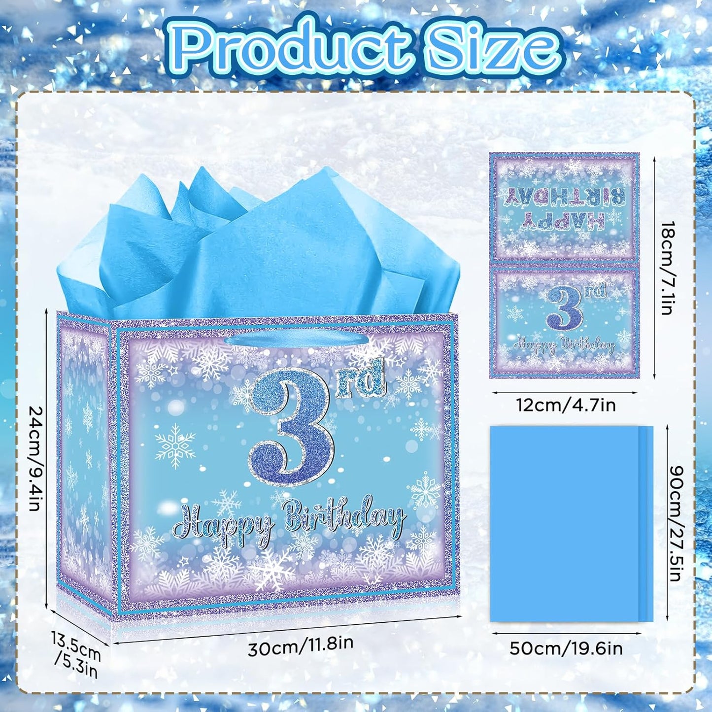 Frozen 3rd Birthday Gift Bag for Girls, Large Purple Blue Snowflake Third Birthday Bags with Tissue Paper and Greeting Card Snow Frozen 3 Years Old Party Favor Bags for Girls 3rd Bday Christmas Gift