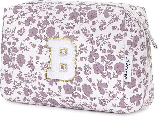 Narwey Birthday Gifts for Teen Girls Kids Women Personalized Initial Floral Makeup Bag Cute Cosmetic Trendy Stuff 6 8 10 11 12 13 14 16 18 Years Old Travel Toiletry Bag (Little Dusty Pink Flower B)