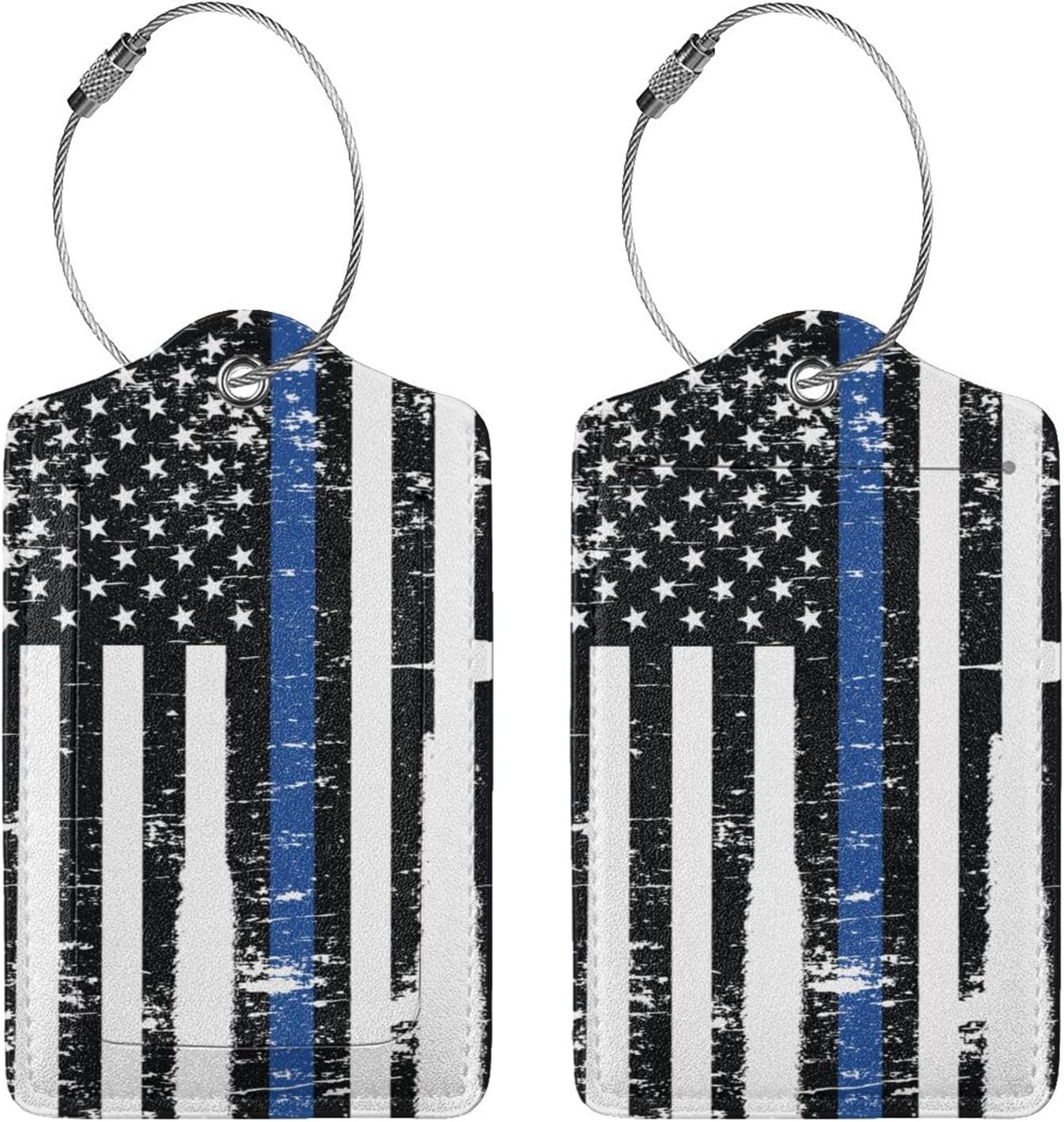 2 Pcs Thin Blue Line Flag Luggage Tags for Suitcase, American Police Support Stripes Gifts for Privacy Cover ID Label with Stainless Steel Loop
