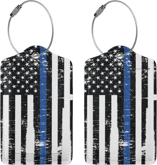 2 Pcs Thin Blue Line Flag Luggage Tags for Suitcase, American Police Support Stripes Gifts for Privacy Cover ID Label with Stainless Steel Loop