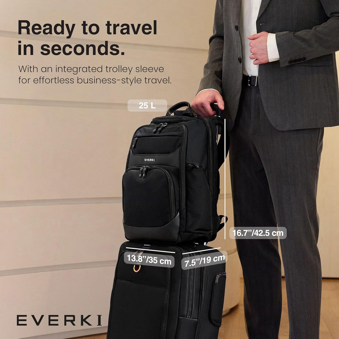 EVERKI Onyx Business Laptop Backpack – Durable Leather Ballistic & Nylon Bag, Travel-Friendly Design, Dedicated Space for Up to 15.6” Laptops, Stylish Office Backpack, 25L Capacity (EKP132), Black