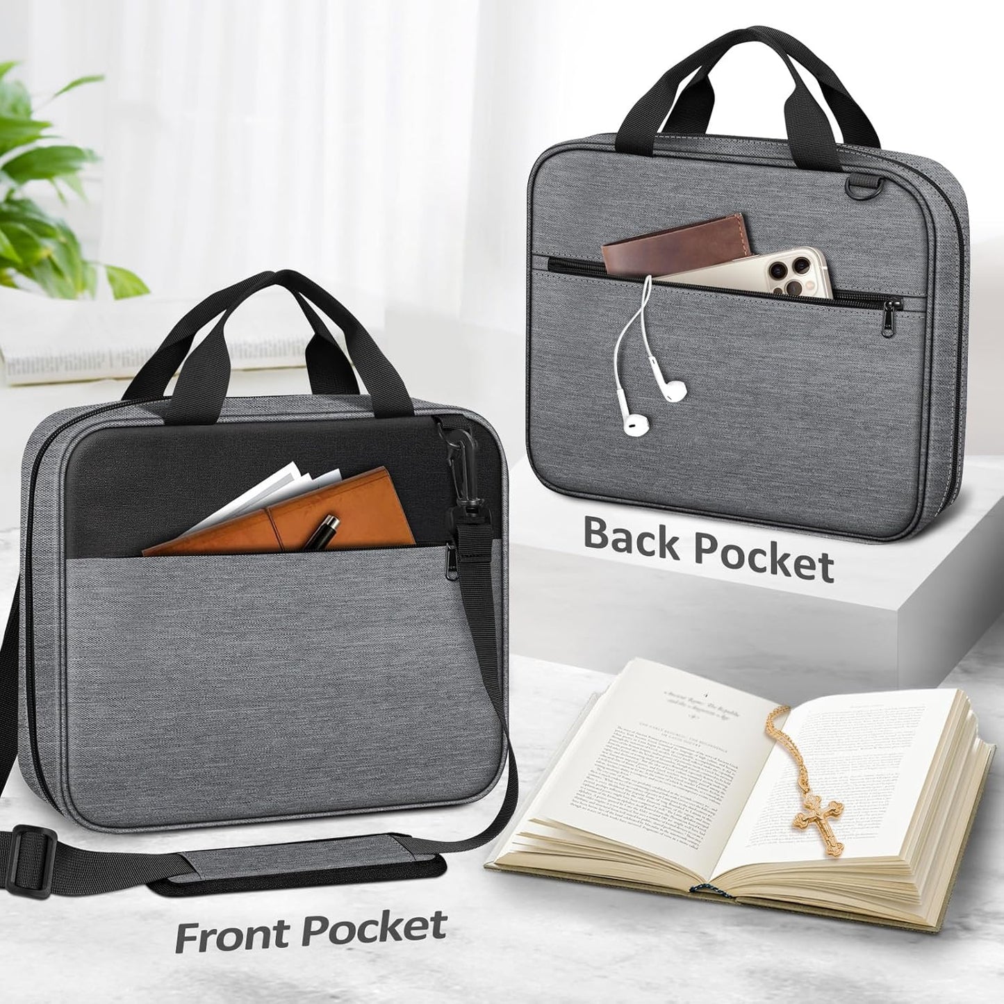 FINPAC Large Bible Cover, Carrying Book Case Church Bag Bible Protective with Zippered Pocket and Handle, Gift for Men Women