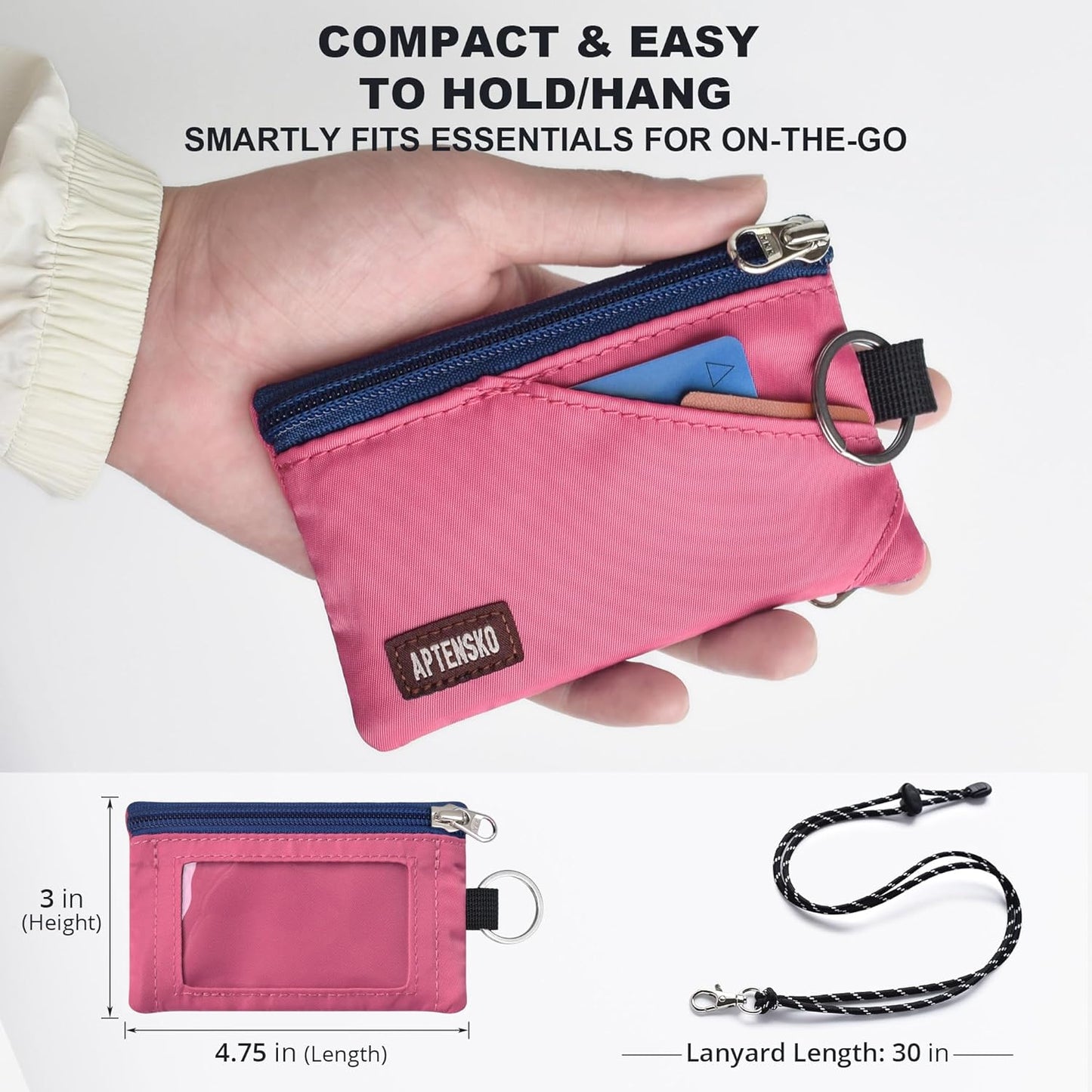 RFID Travel Wallet with Adjustable Lanyard-Zipper Small Wallet with ID Card Holder, Keychain for women&men-Minimalist Slim Waterproof Nylon case for ID, Cash, Key (Rose Pink)