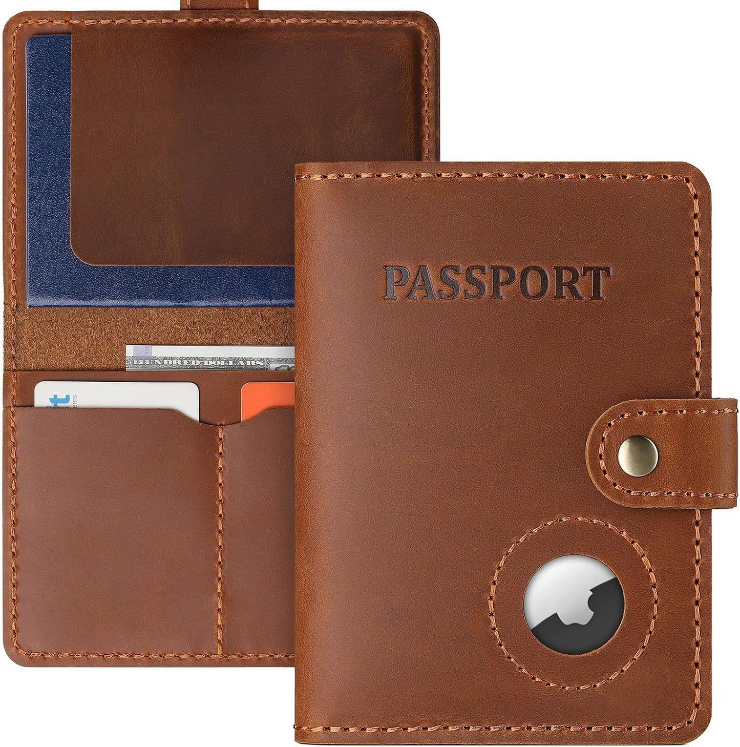 Full Grain Leather Passport Holder with AirTag, Travel Passport Wallet and Air Tag Cover for Men and Women, with 4 Card Holder