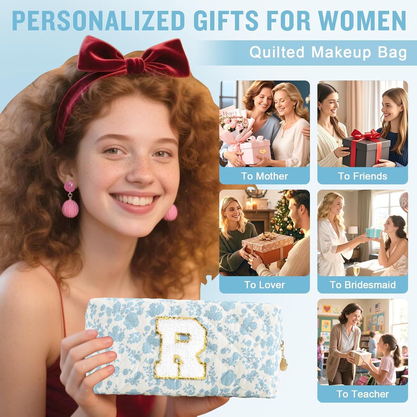 Personalized Quilted Cosmetic Bag, Puffy Monogrammed Christmas Birthday Gifts for Women & Girls, Cute initial Floral Makeup Bag Puffer Coquette Bag, Aesthetic Travel Toiletry Zipper Pouch(Blue,R)