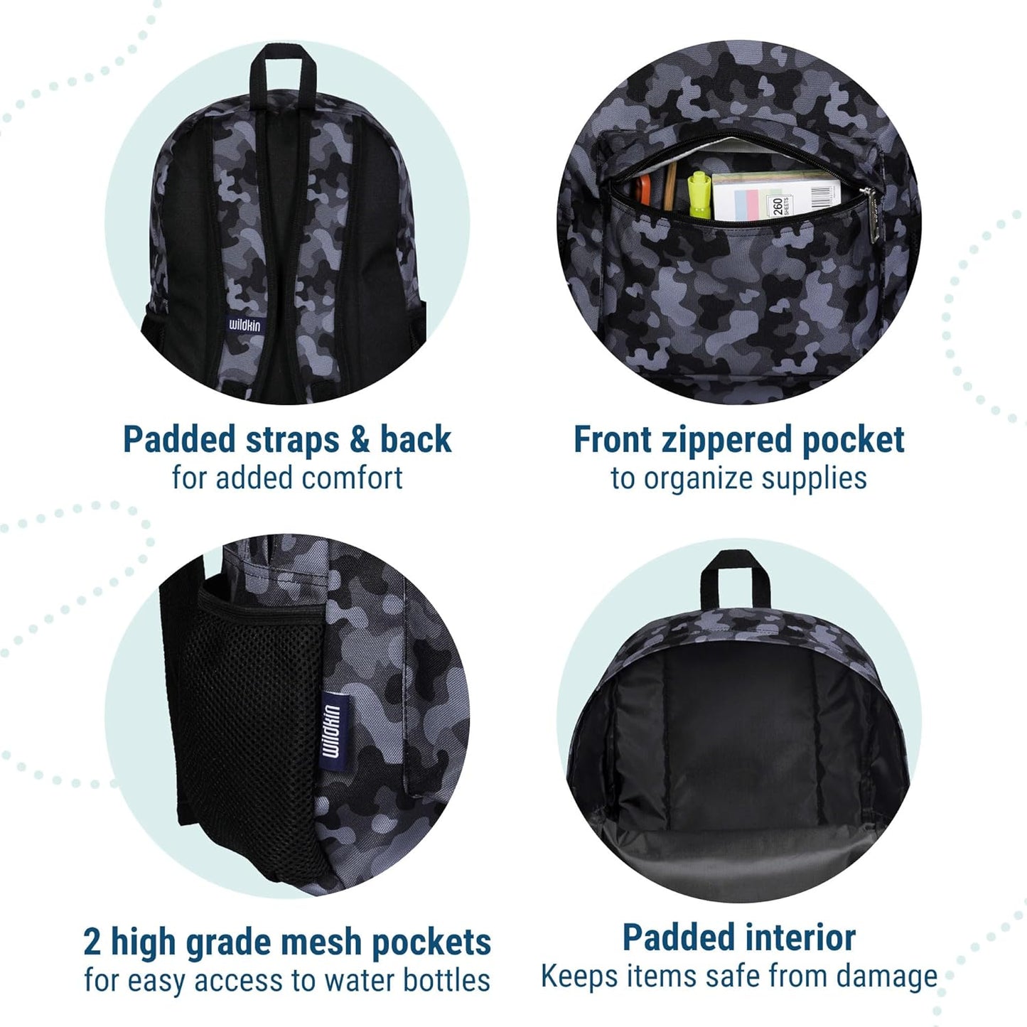 Wildkin 16-inch Kids Backpack – Durable, Padded & Spacious School Bag for Boys & Girls - Black Camo