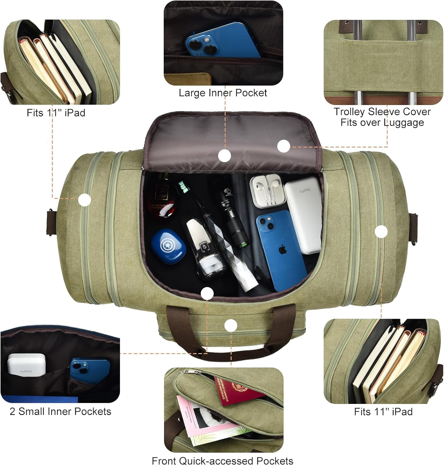 Litvyak Duffle Bag for Travel, Large 60L Canvas Travel Duffel Bags Overnight Weekend Gym Carry On Luggage Bag for Men & Women(Army Green)