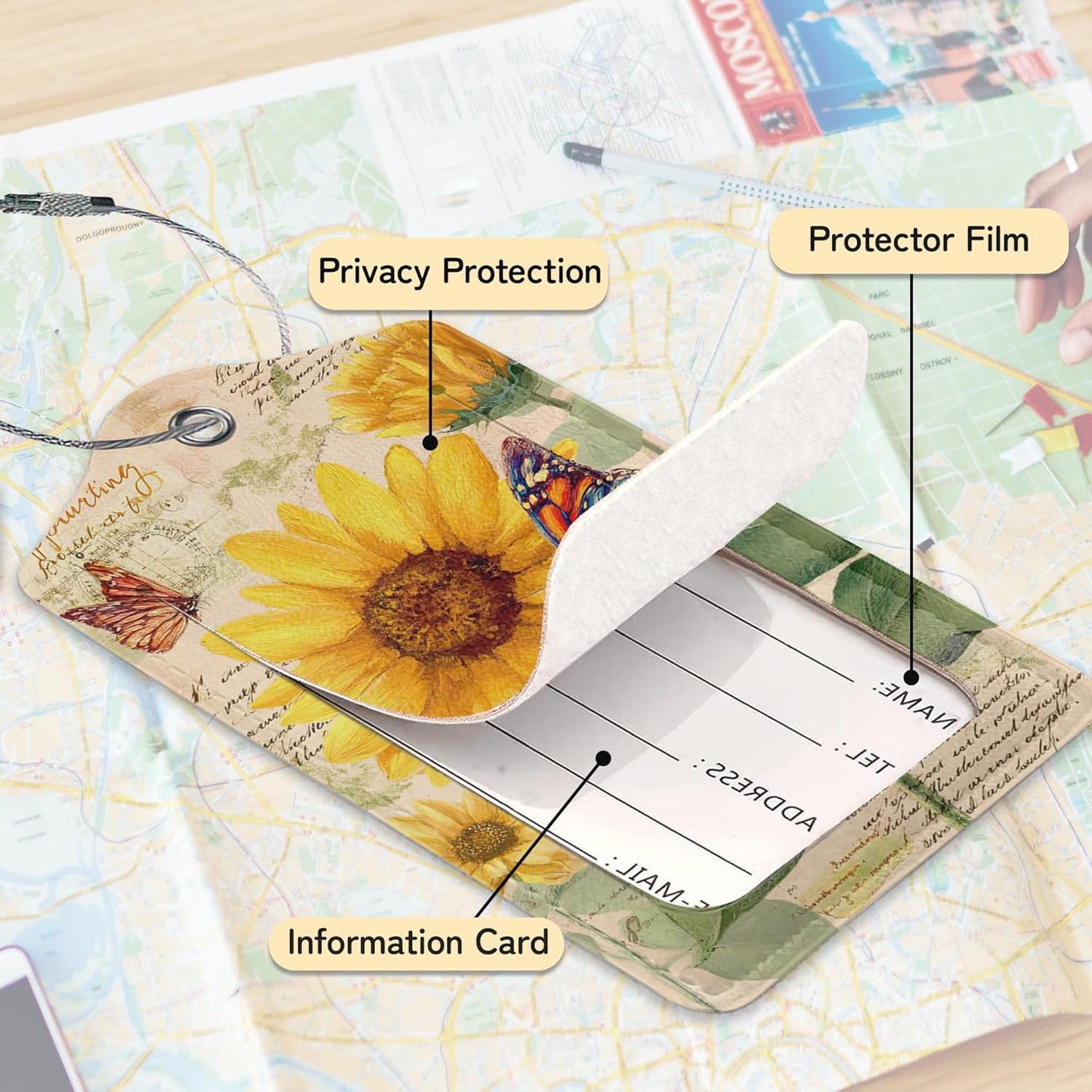 Sunflower Floral Luggage Tag for Suitcase,Design with Privacy Flap Name ID Label Metal Loop, 3 Pack