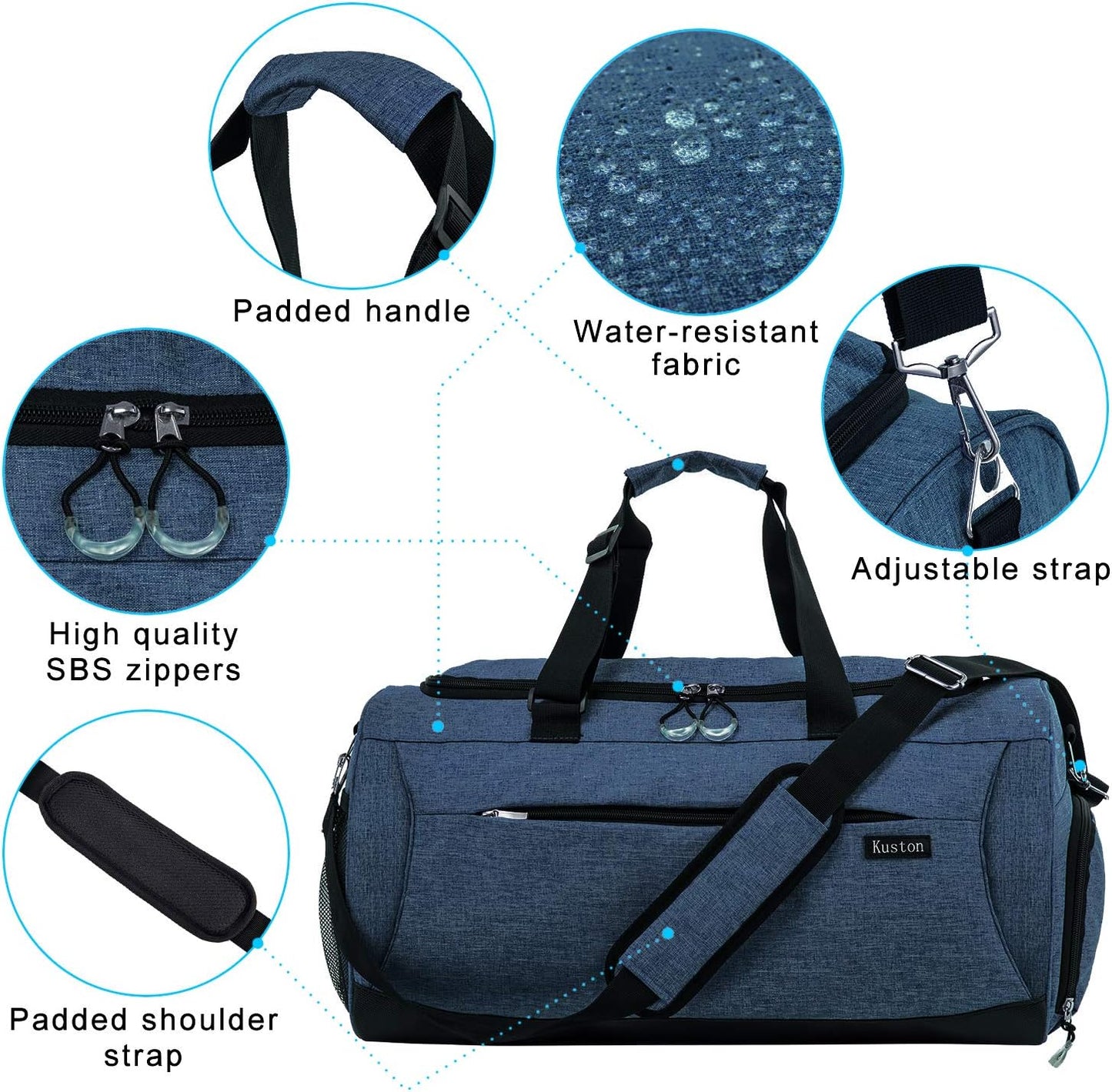 Kuston Sports Gym Bag with Shoes Compartment &Wet Pocket Gym Duffel Bag Overnight Bag for Men and Women
