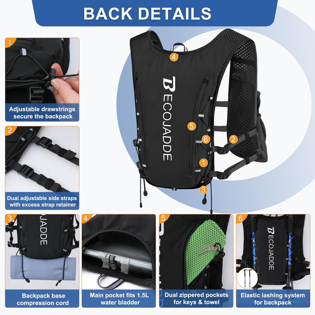 BECOJADDE Running Vest Hydration Backpack with Two 500ML Soft Water Bottles for Men Women, 5L