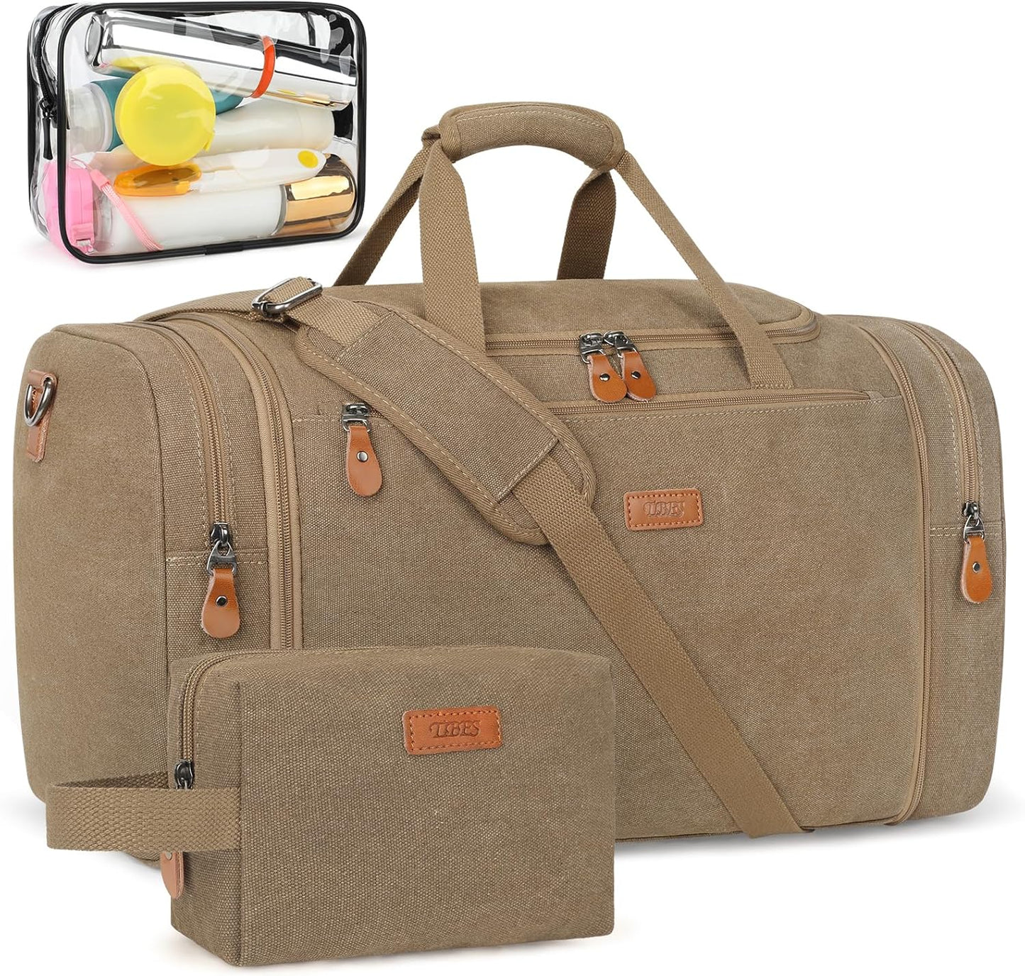 Canvas Mens Duffle Bag for Travel - Expandable 50L Weekender Bags with Toiletry Bag, Overnight Bag Travel Duffel Carry On Luggage with Removable Shoulder Strap, Durable & Water-Resistant