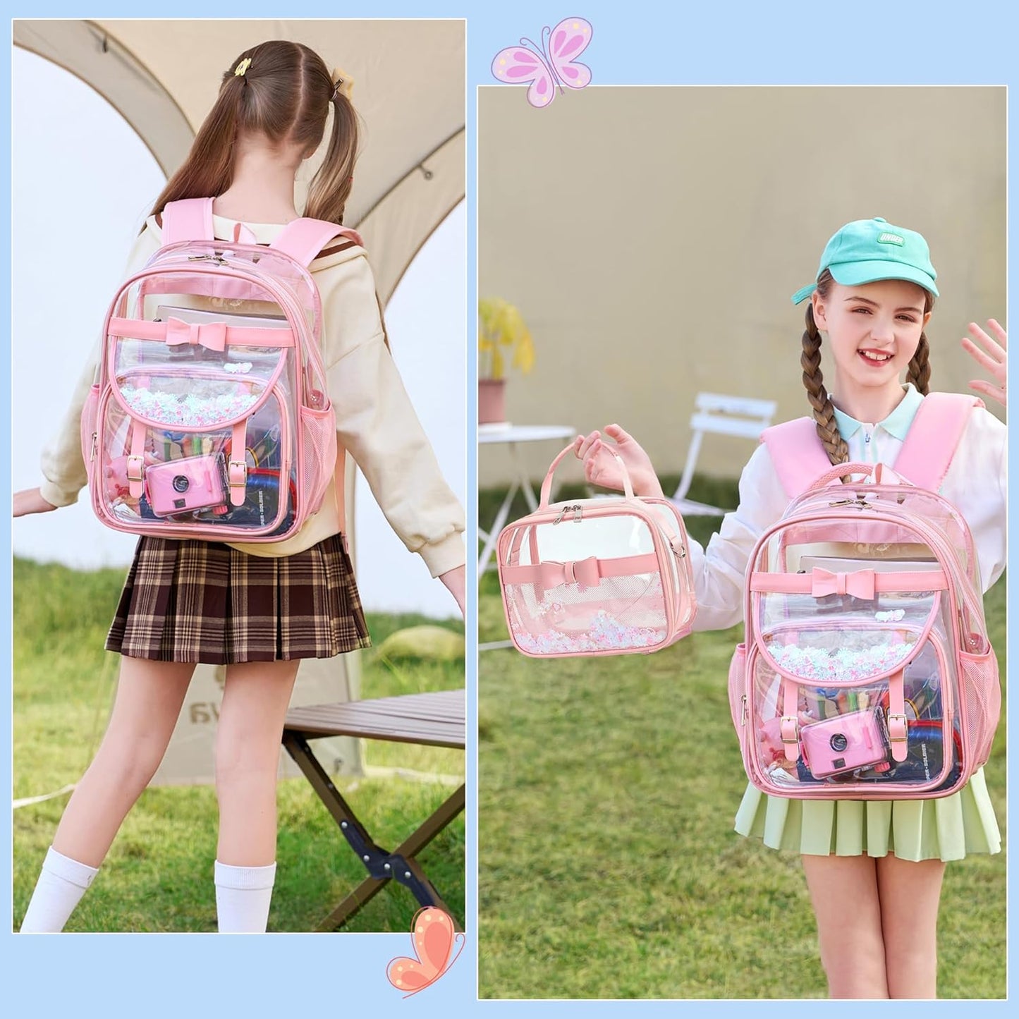 Clear Backpack for Girls and Boys 2PCS Heavy Duty Bookbag Stadium Approved Daypack Transparent School Bag See Through Backpacks for Kids Elementary,Students,College,Teens,Concert,Sports Pink