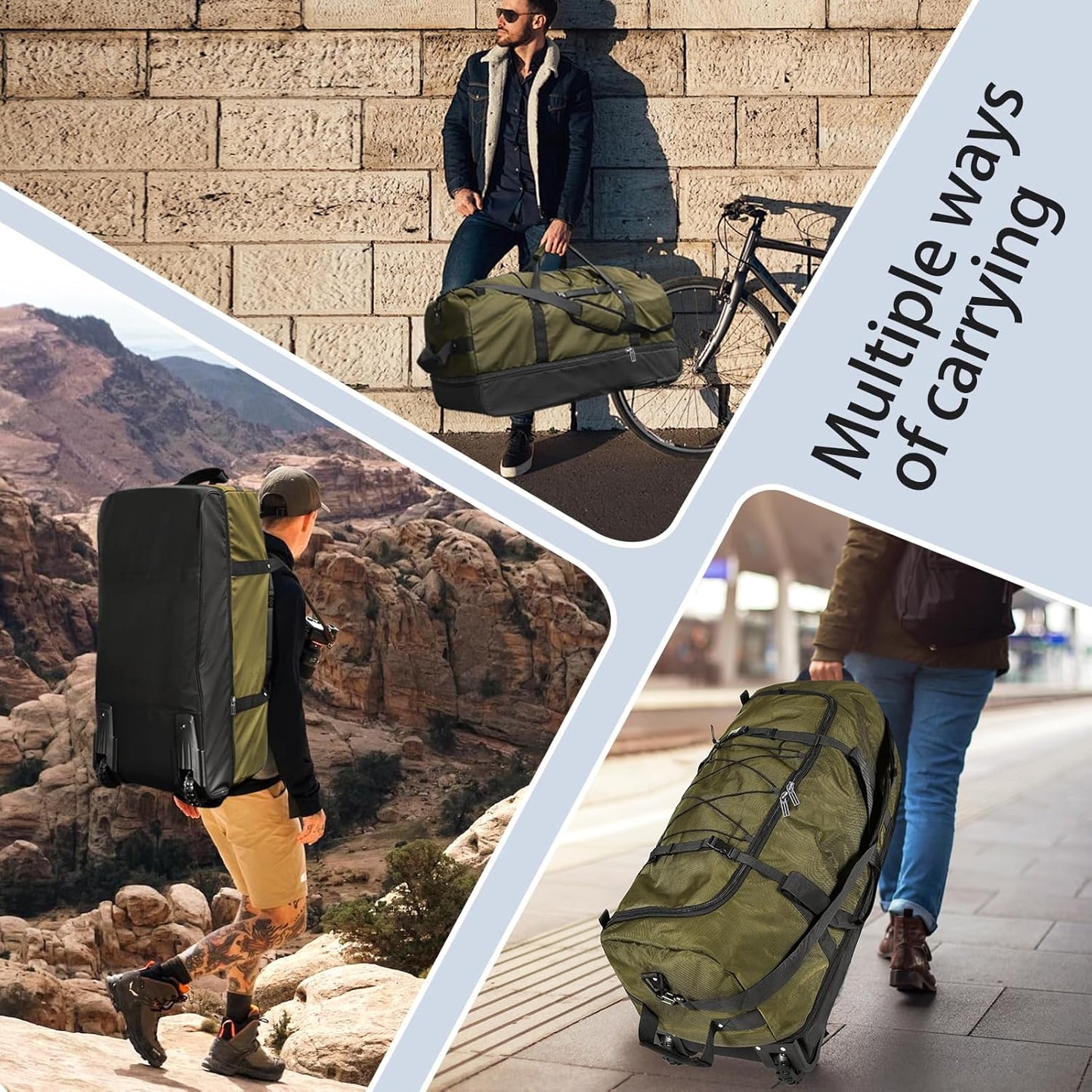 110L Expandable to 140L 32” Foldable Oxford Soft-Sided Rolling Duffle Bag with 2 Heavy-Duty Wheels,3 Large Compartments,Adjustable Shoulder Strap and Attached Organizer Pouch,Green