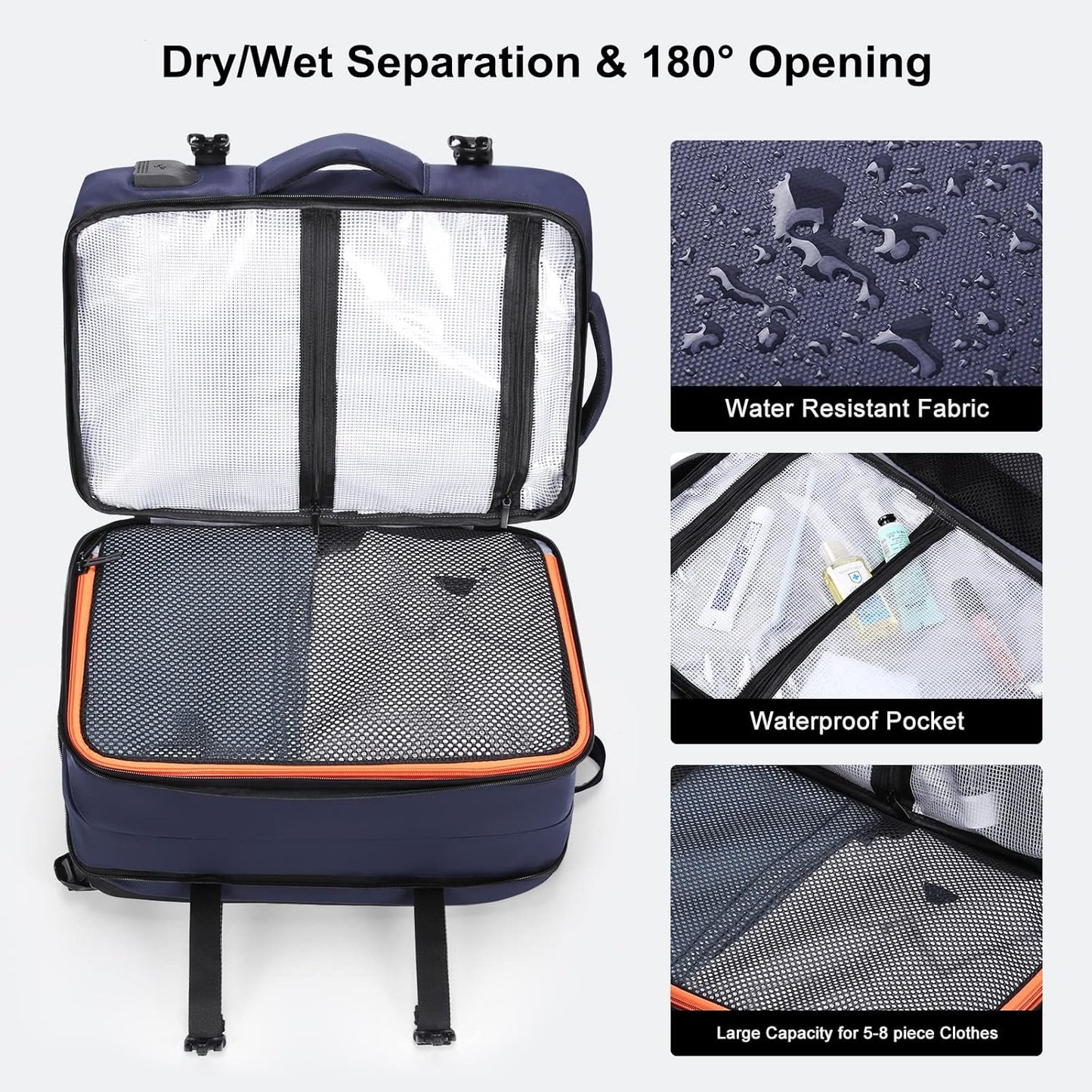 HOMIEE Carry on Backpack Extra Large Travel Bag, Expandable Hand Luggage Suitcase Anti-Theft Business Backpack, Water Resistant Lightweight Weekender Bag, Blue