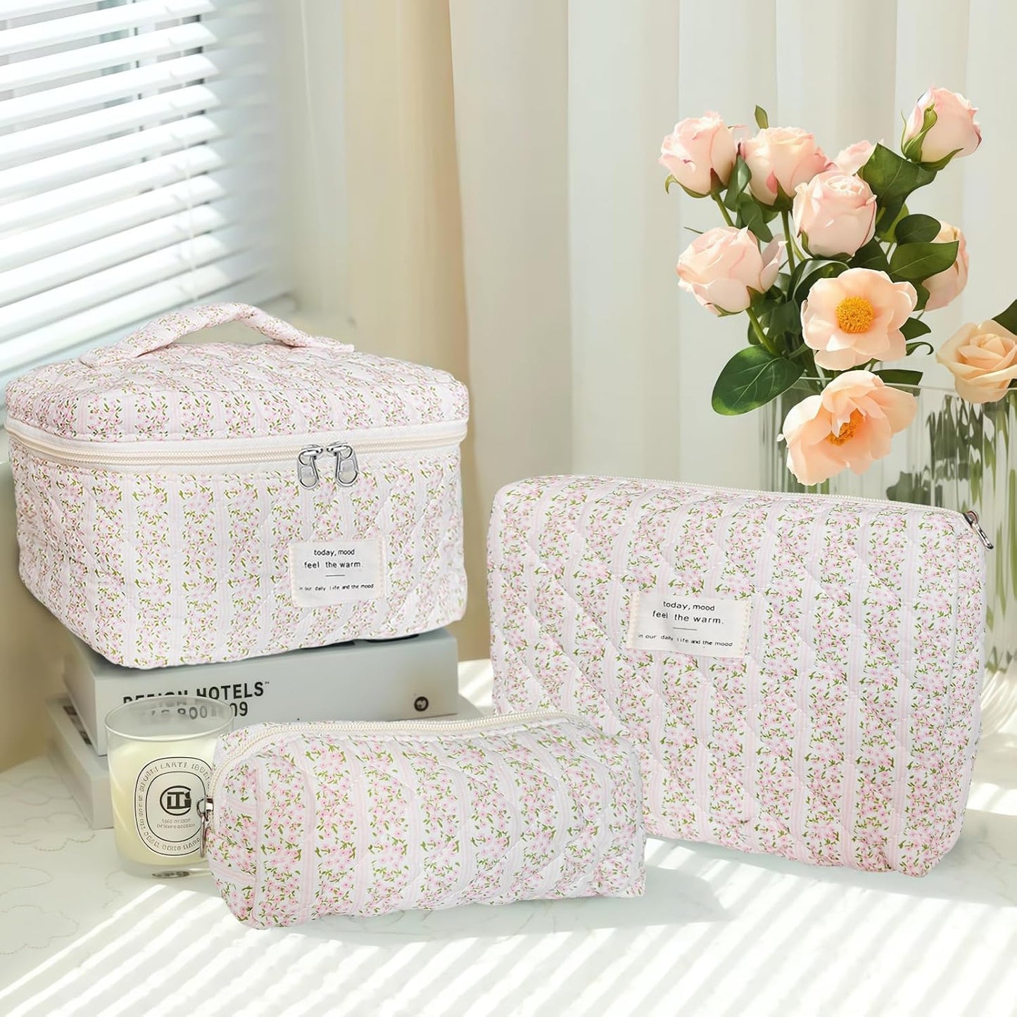 Quilted Makeup Bag, Large Capacity Travel Cosmetic Bag for Women and Girls, Aesthetic Storage for Daily and Travel Use (3pcs-pinkleavesflowers)