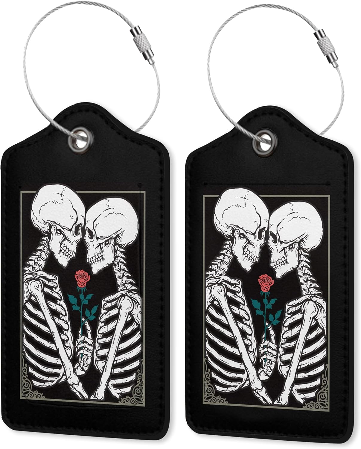 Luggage Tag for Suitcase,Gothic Skull Lovers Rose Unique Travel Tags with Privacy Cover ID Label & Stainless Steel Loop for Men Women