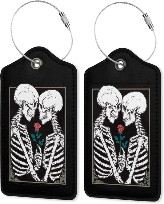 Luggage Tag for Suitcase,Gothic Skull Lovers Rose Unique Travel Tags with Privacy Cover ID Label & Stainless Steel Loop for Men Women