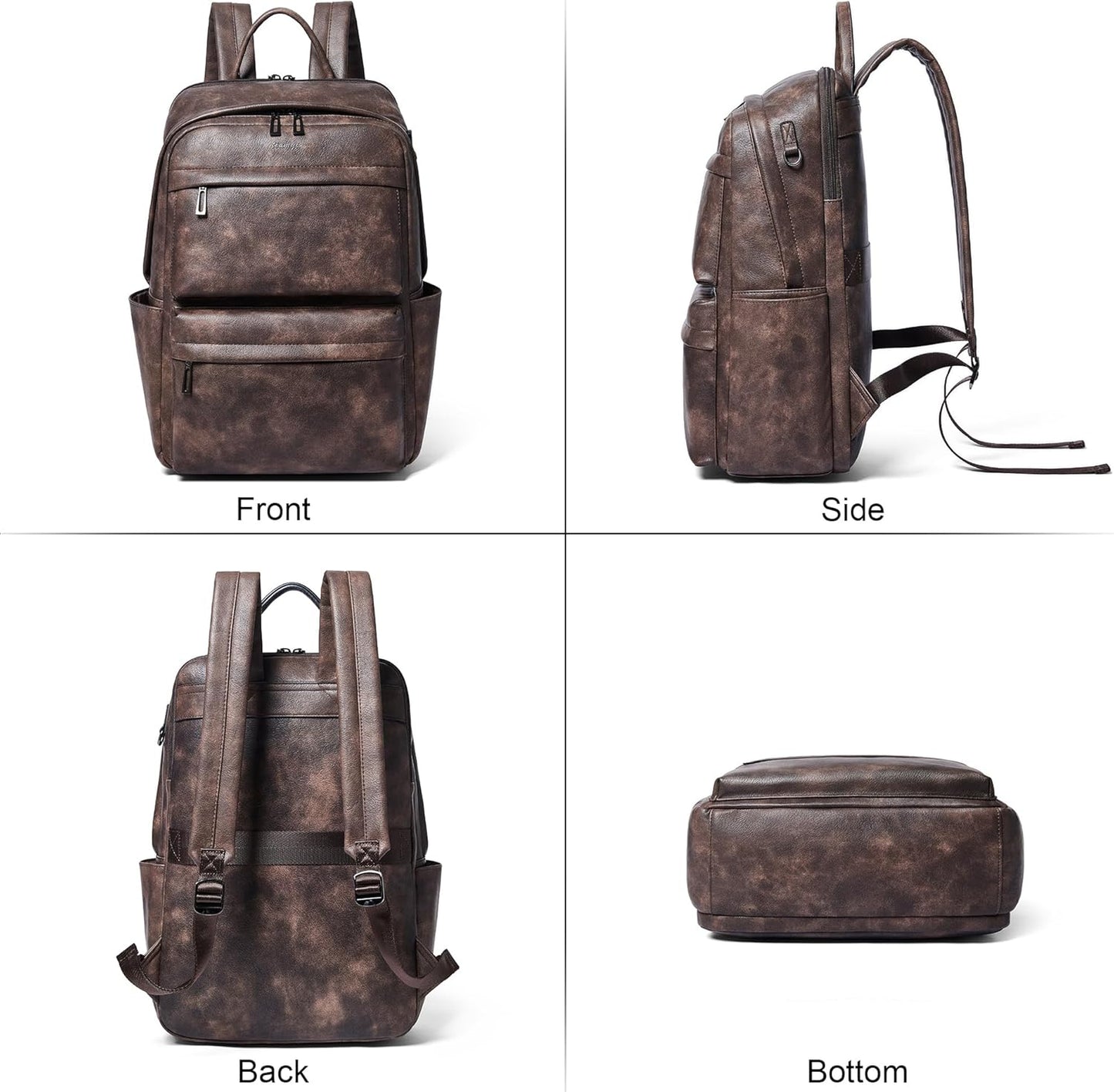Leather Laptop Backpack for Women, Fits 15.6 Inch Laptop, Leather Backpack with 2 Water Bottle Pockets, Hidden Zipper and Luggage Strap, Ideal for Work, Travel, College, Everyday Use, Coffee