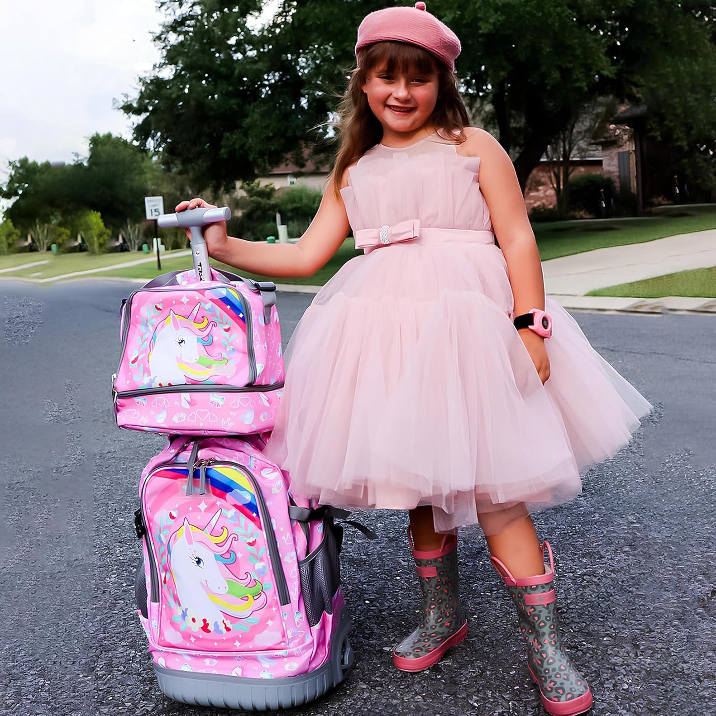 Tilami Rolling Backpack 19 inch with Lunch Bag Wheeled Laptop Backpack (Unicorn Pink)