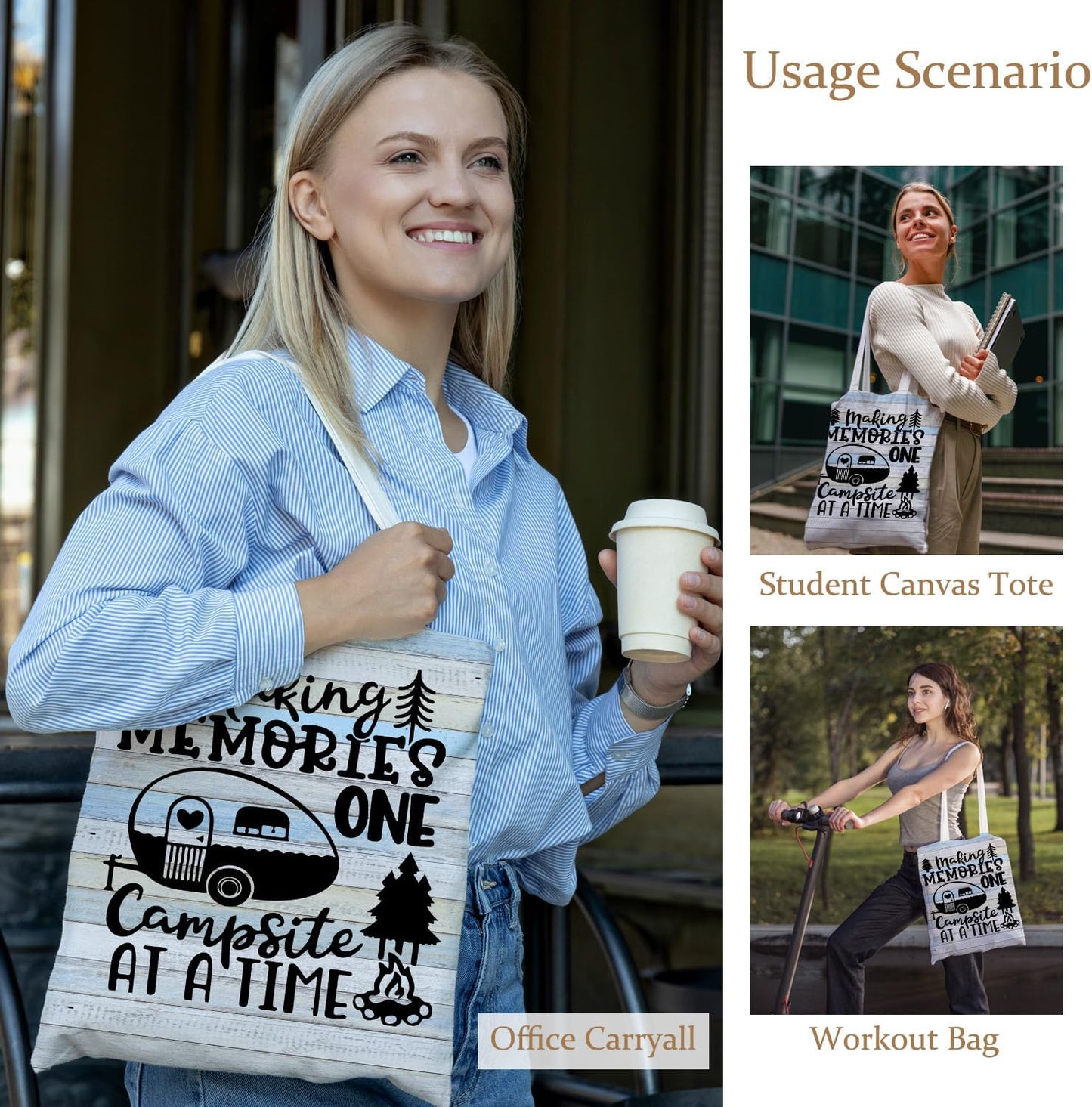 Camping Tote Bag, Making Memories One Campsite at a Time Canvas Tote Bags for Women, Gifts for Campers Camping Lovers, Camper Reusable Grocery Shopping Bags