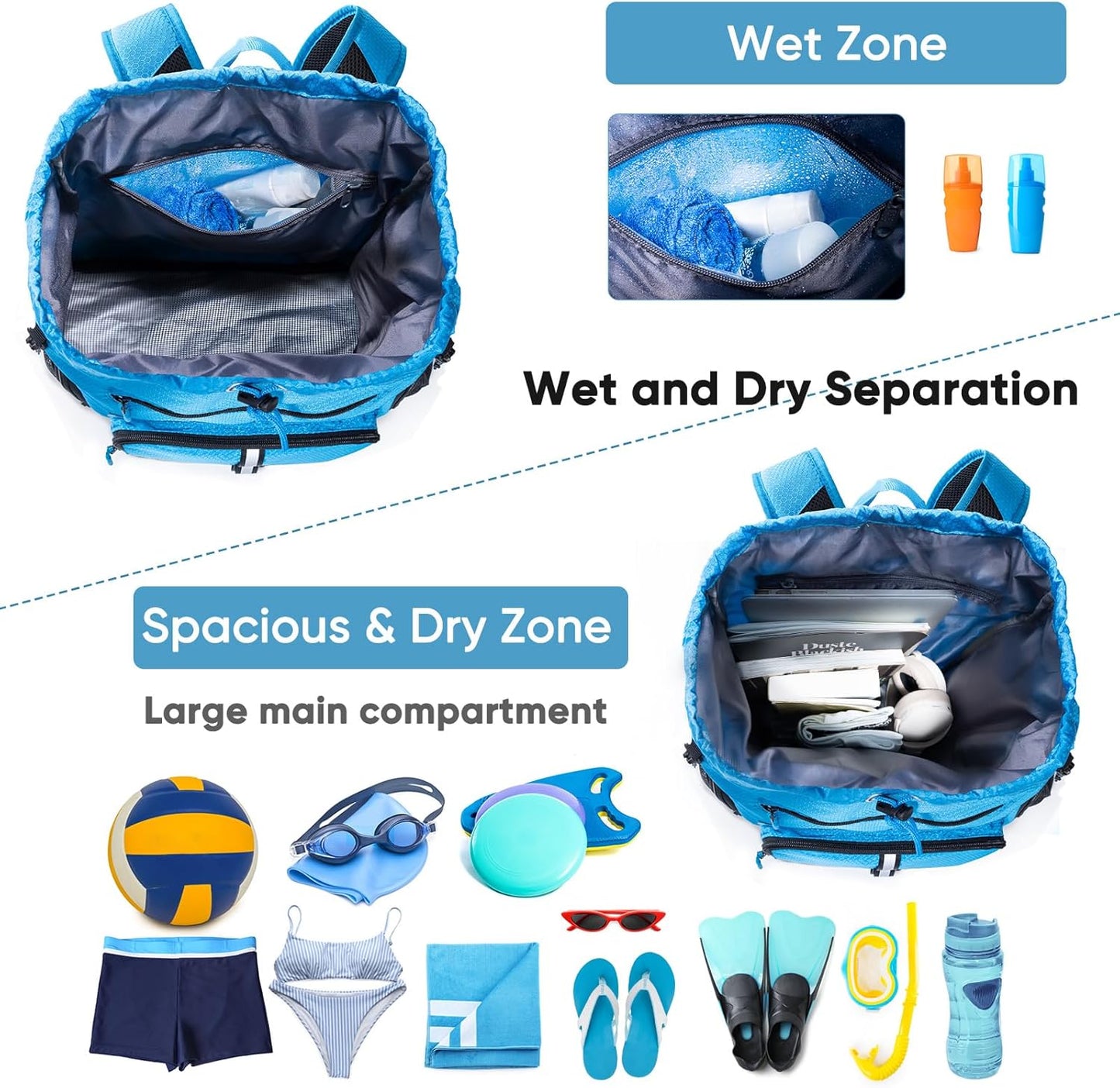 Large Beach Backpack Waterproof Sandproof - Customized Oversized Drawstring Pool Bag with Shoe Compartment for Toiletries, Towels, Gym, Travel