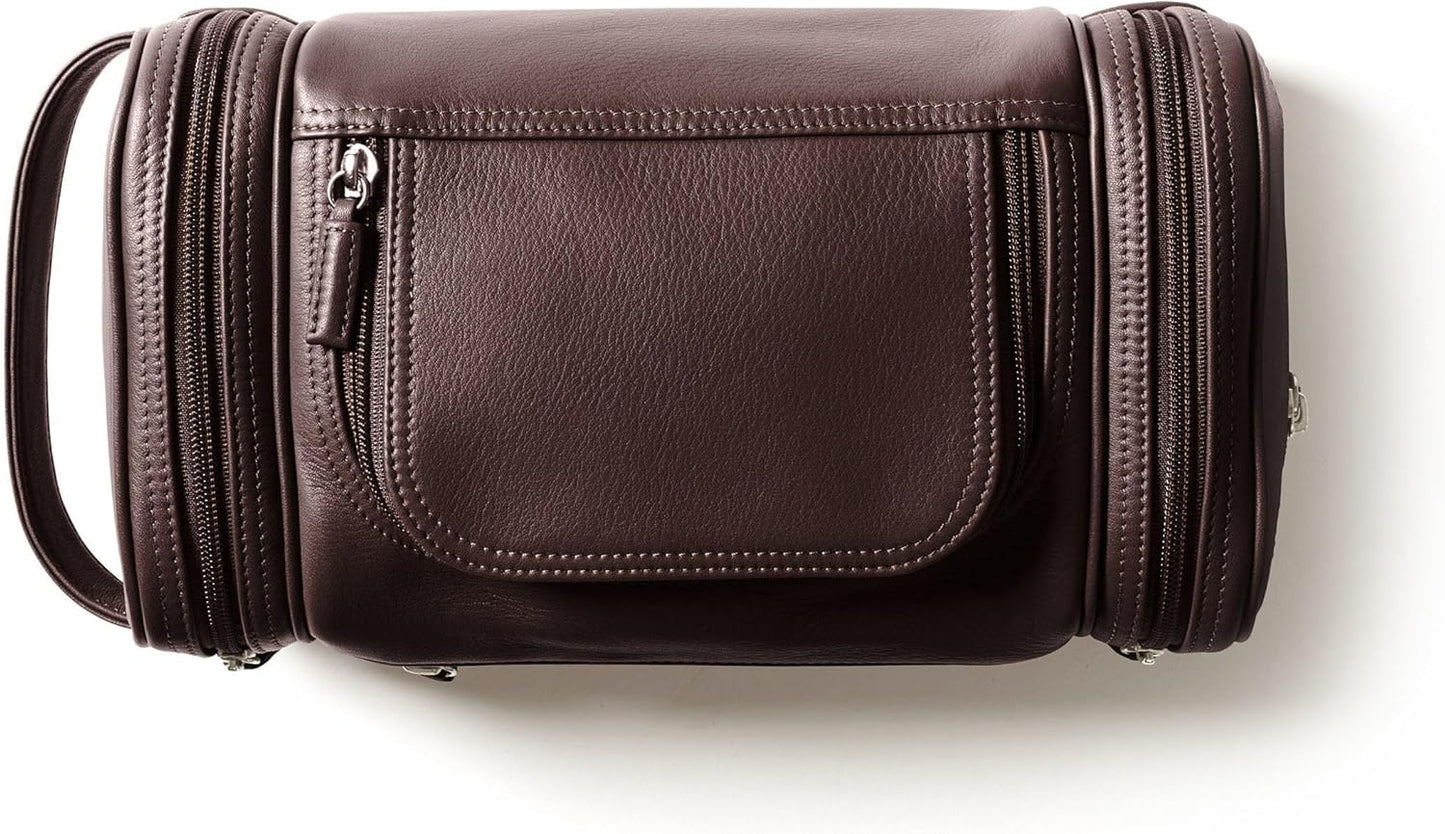 Leatherology Brown Multi Pocket Toiletry Bag - Main top zippered compartment with additional side and front zippered pockets
