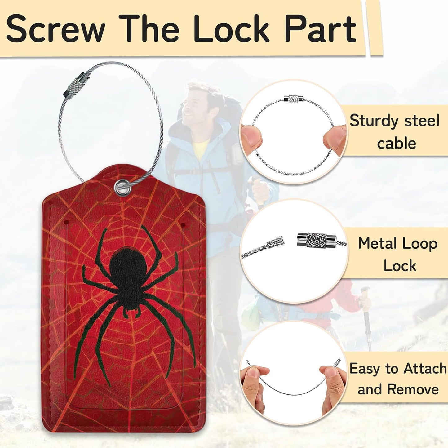 Red Spider Web Luggage Tag for Suitcase,Design with Privacy Flap Name ID Label Metal Loop, 3 Pack