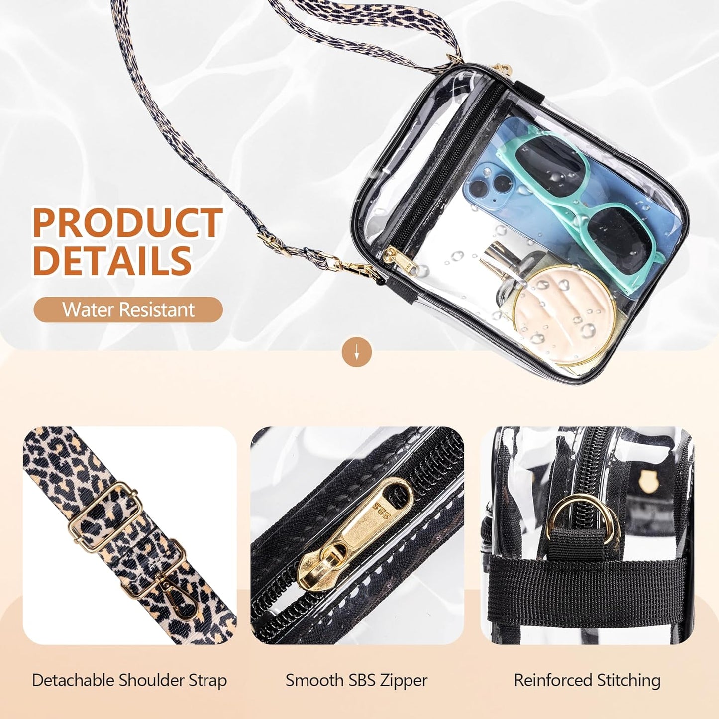 Clear Bag for Stadium Events, Clear Purse with Removable Strap, Messenger Bag for Concert Work Sports and Fetivals