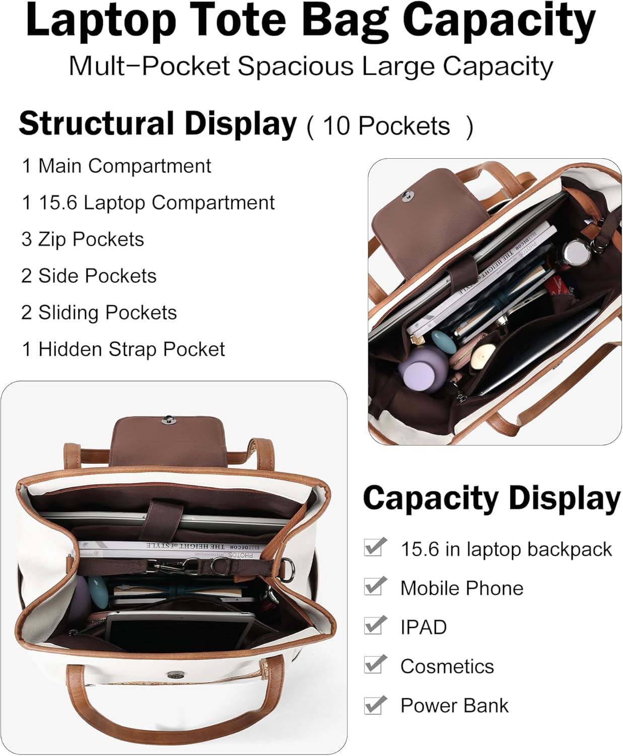 FADEON Large Laptop Tote Bag for Women Designer Leather Laptop Bag Fashion Travel Backpack Purse