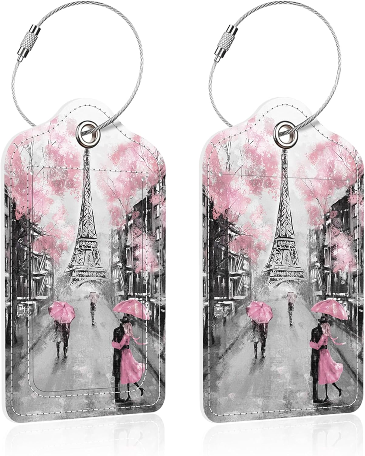 Luggage Tags for Suitcase,2 Pack Pink Paris Luggage Tag,PU Leather Id Label Luggage Tags with Stainless Steel Loop and Privacy Cover for Women Men Teens Travel