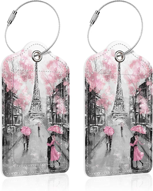 Luggage Tags for Suitcase,2 Pack Pink Paris Luggage Tag,PU Leather Id Label Luggage Tags with Stainless Steel Loop and Privacy Cover for Women Men Teens Travel