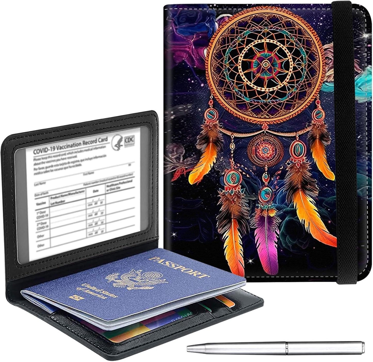 Passport Holder Cover Wallet Travel Essentials RFID Blocking Case Leather Passport Cover Wallet Vaccine Card Slot Organizer for Men Women, Dreamcatcher