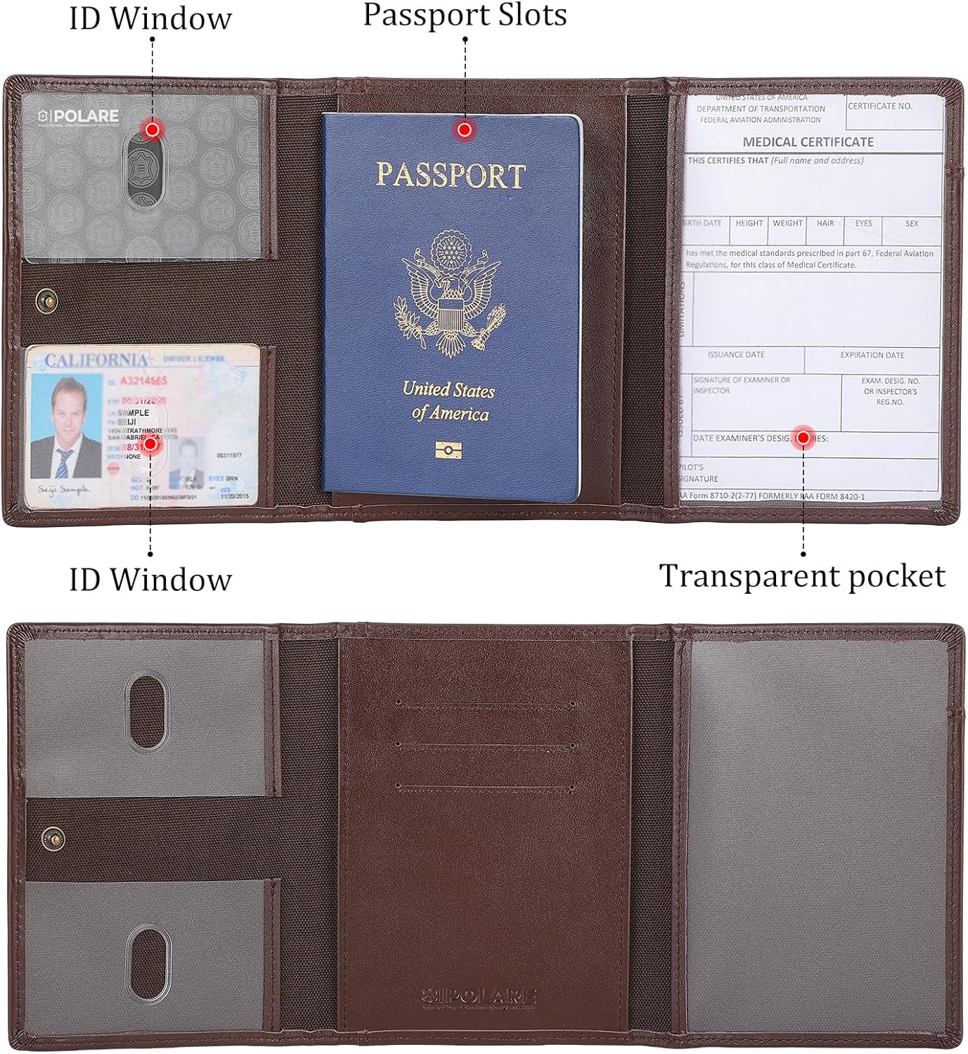 Polare Napa Leather Pilot Wallet Passport Holder RFID Blocking Tri-fold Travel Cover Document