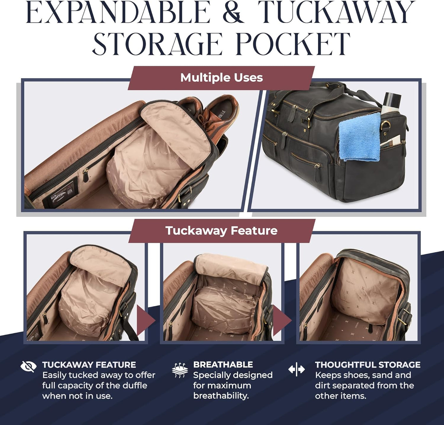 Luxorro Full Grain Leather Duffle Bag for Men | TSA Approved 22x14x9 Carry On Luggage | 22 Inch, 45L Capacity | Overnight Weekender & Travel Duffel | Black