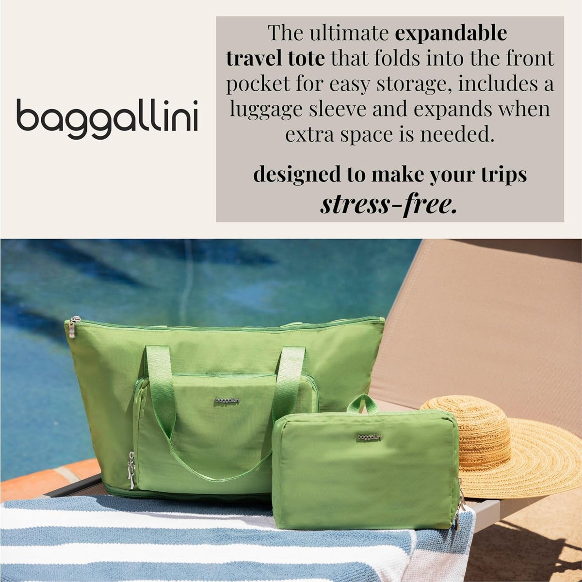 Baggallini Carryall Expandable Lightweight Travel Tote 22" Packable Folding Compact Nylon Washable