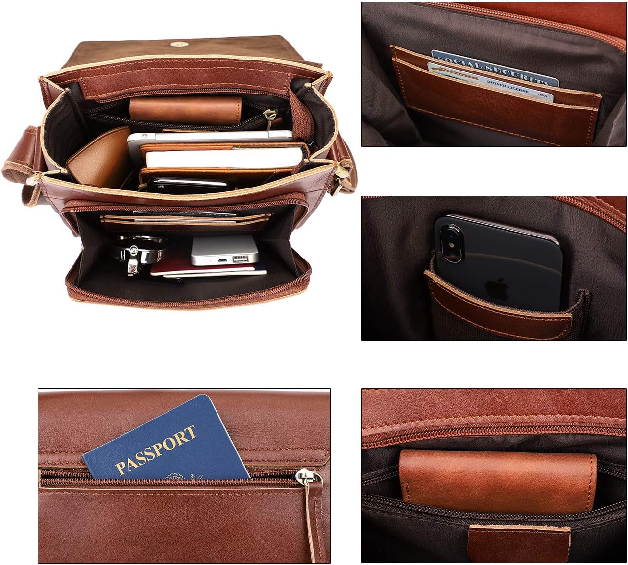 Augus Leather Messenger Crossbody Shoulder Bag for Men Work Business Casual Adjustable straps With