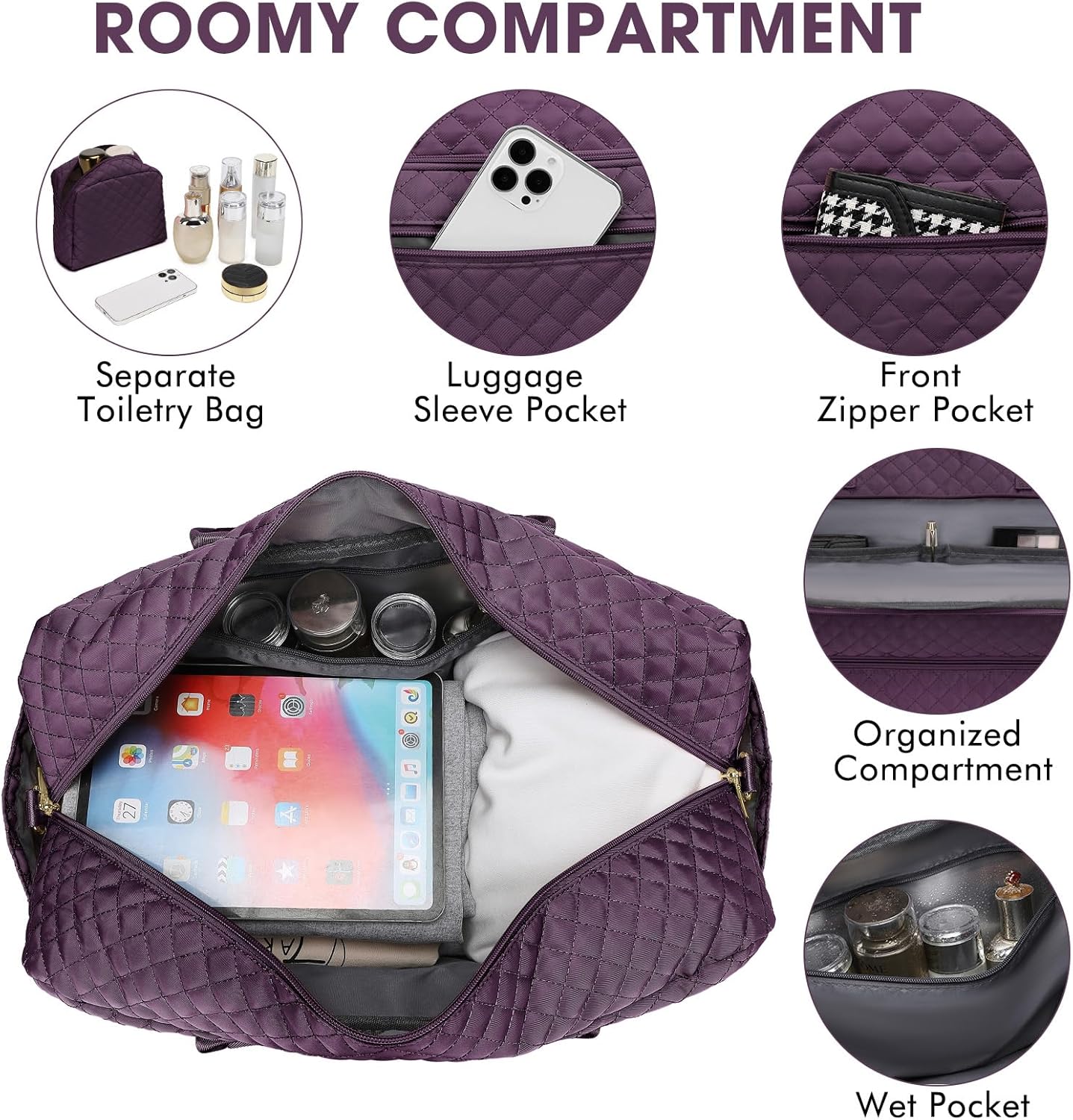 Large Women Travel Duffle Bag - Carry on Overnight Weekend Travel Duffel Tote Gym Bag with Wet Pocket Toiletry Weekender Overnight Bag for Travel Business Trips Sports Hospital 3 Pcs Set