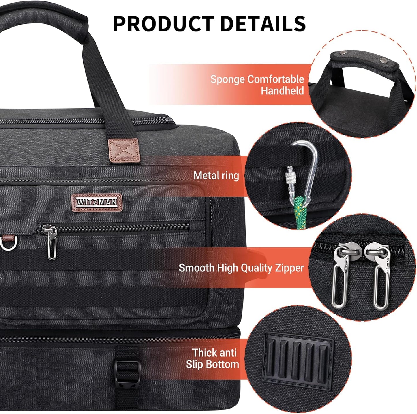 WITZMAN Duffle Bag for Men 50L Canvas Weekender Overnight Bag with Toiletry Bag Sets Travel Duffel Bag Shoes Compartment（A8010-2 Black）