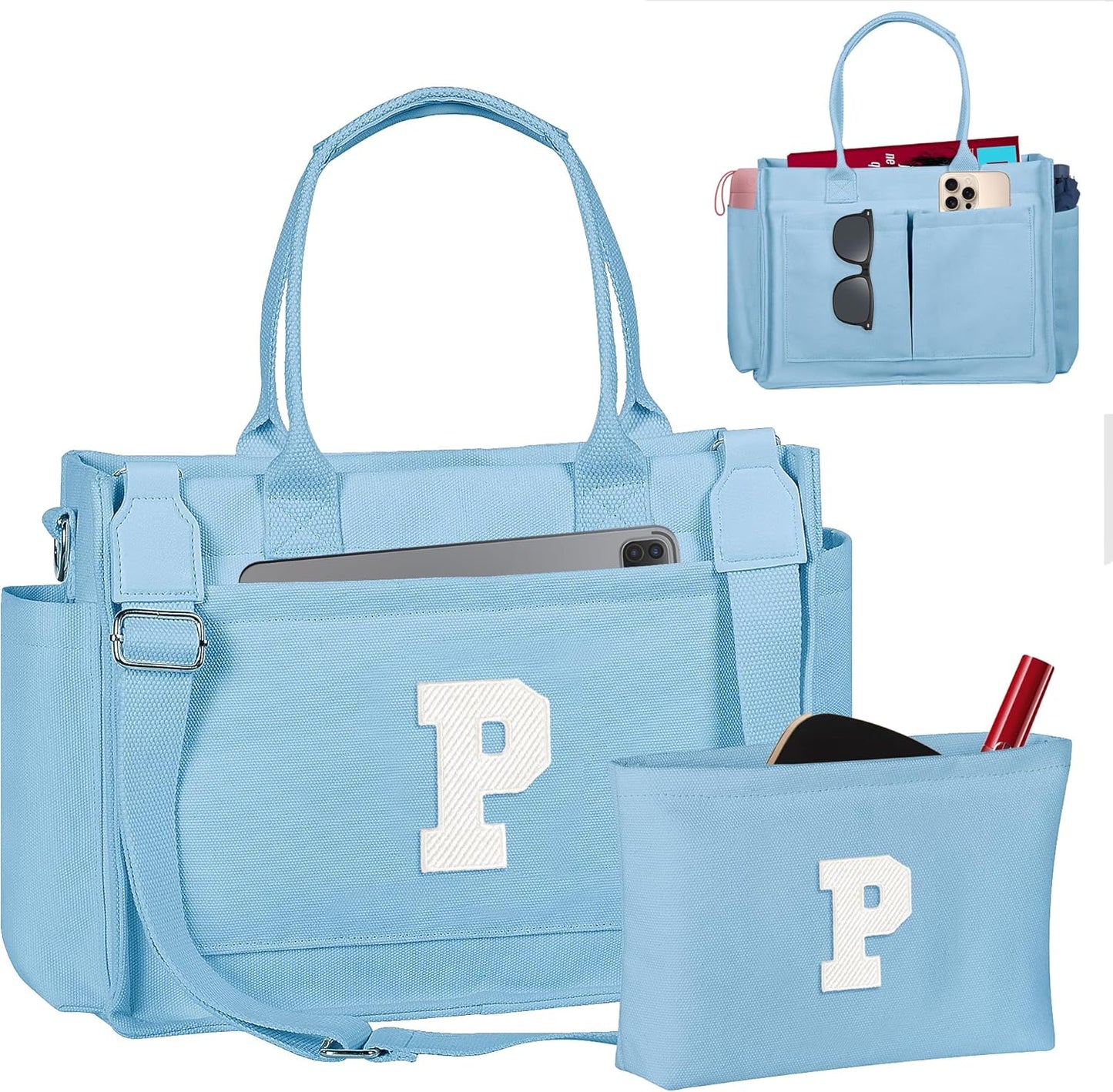 Gifts for Women Teen Girls, Initial Tote Bag with Zipper, Letter Canvas Tote Purse for College Work Laptop Beach