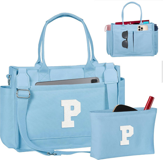 Gifts for Women Teen Girls, Initial Tote Bag with Zipper, Letter Canvas Tote Purse for College Work Laptop Beach