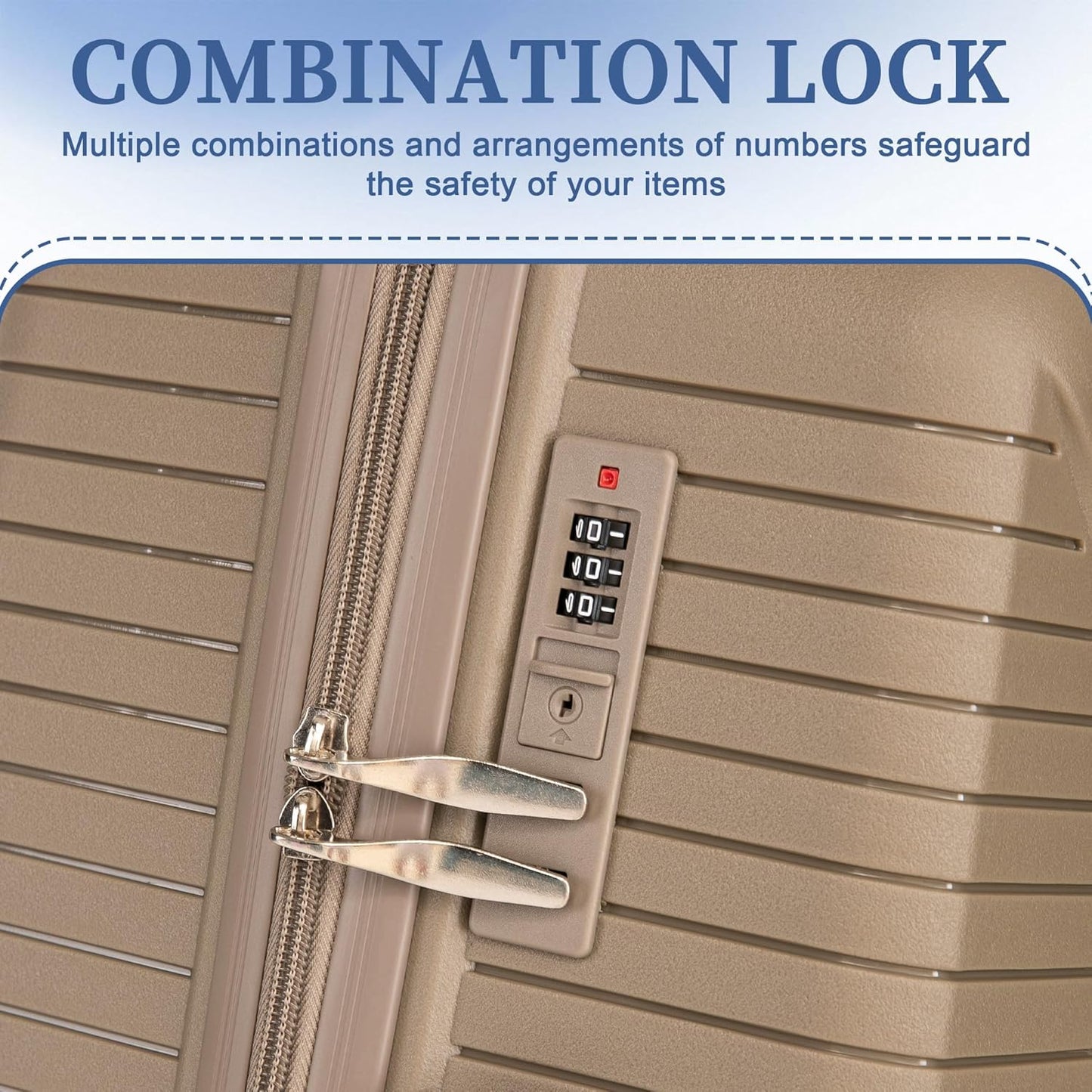 Campfun 3 Piece Luggage Sets, PP Suitcase Set with Double Spinner Wheels Hang Hook, Durable Carry On Luggage with Combination Lock, 20/24/28 inch, Champagne