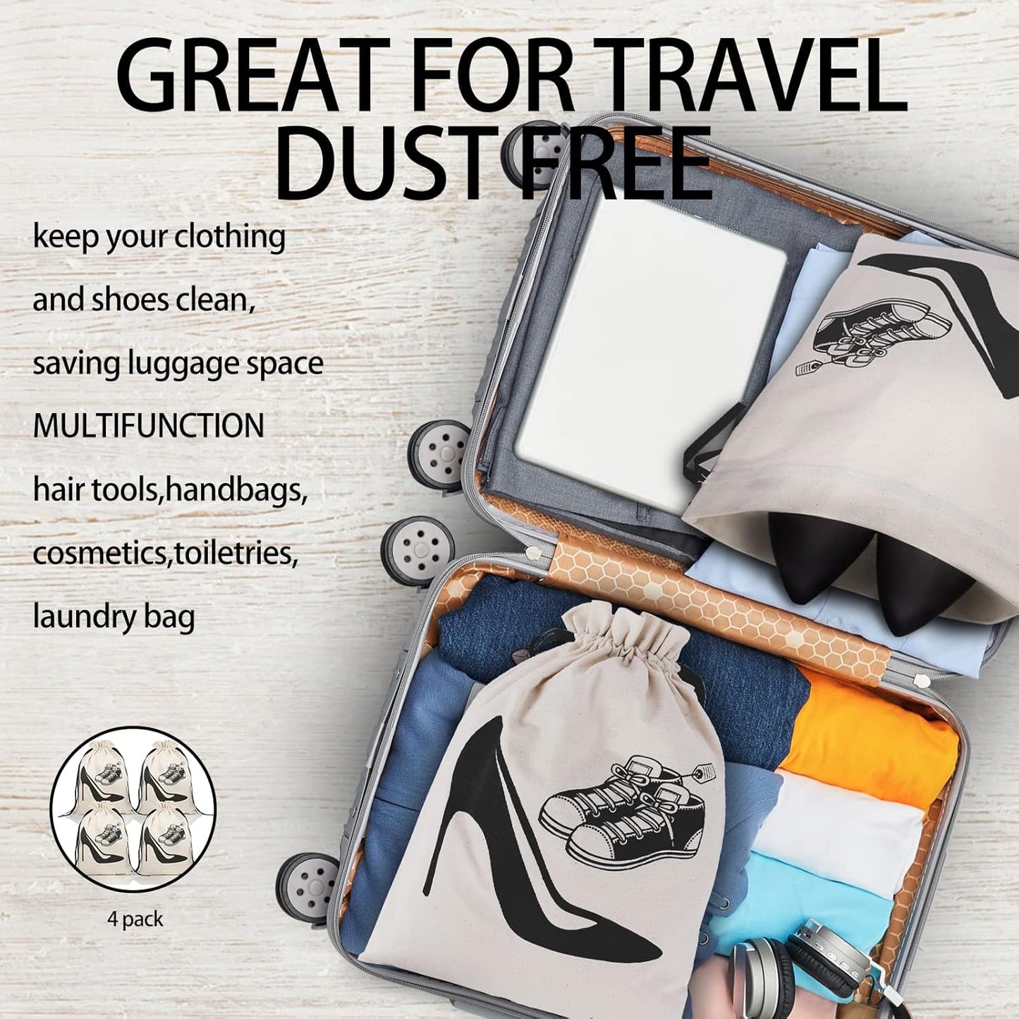 4 Pack Shoe Bags for Travel Women, Heavy Duty Suitcase Organizer Bags Set, Shoe Travel Bags for Packing, Travel Shoe Bags for Packing,Packing Bags for Suitcases, Shoe Bag for Commute