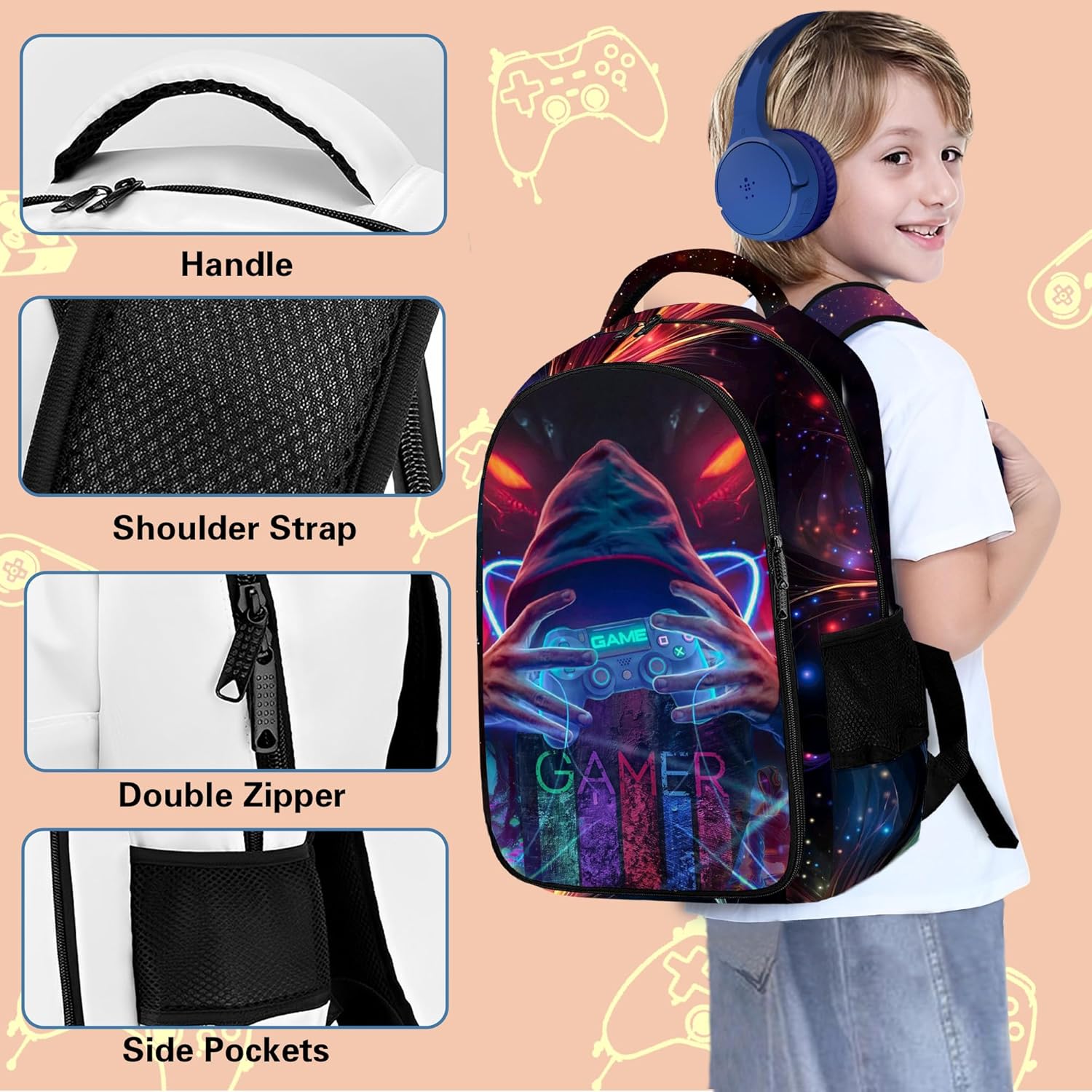 Game Backpack Set for Boys, Gaming Backpack 3 Pack, Boys Lunch Box, and Pencil Bag for Kids, 17"