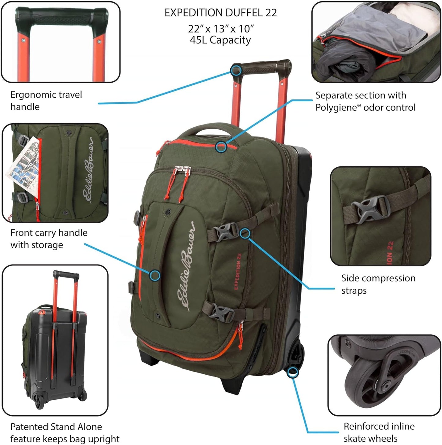 Eddie Bauer Expedition Rolling Duffel Bag with Wheels | Travel | Carry-On | Luggage | Rugged | Durable - Black, 22"