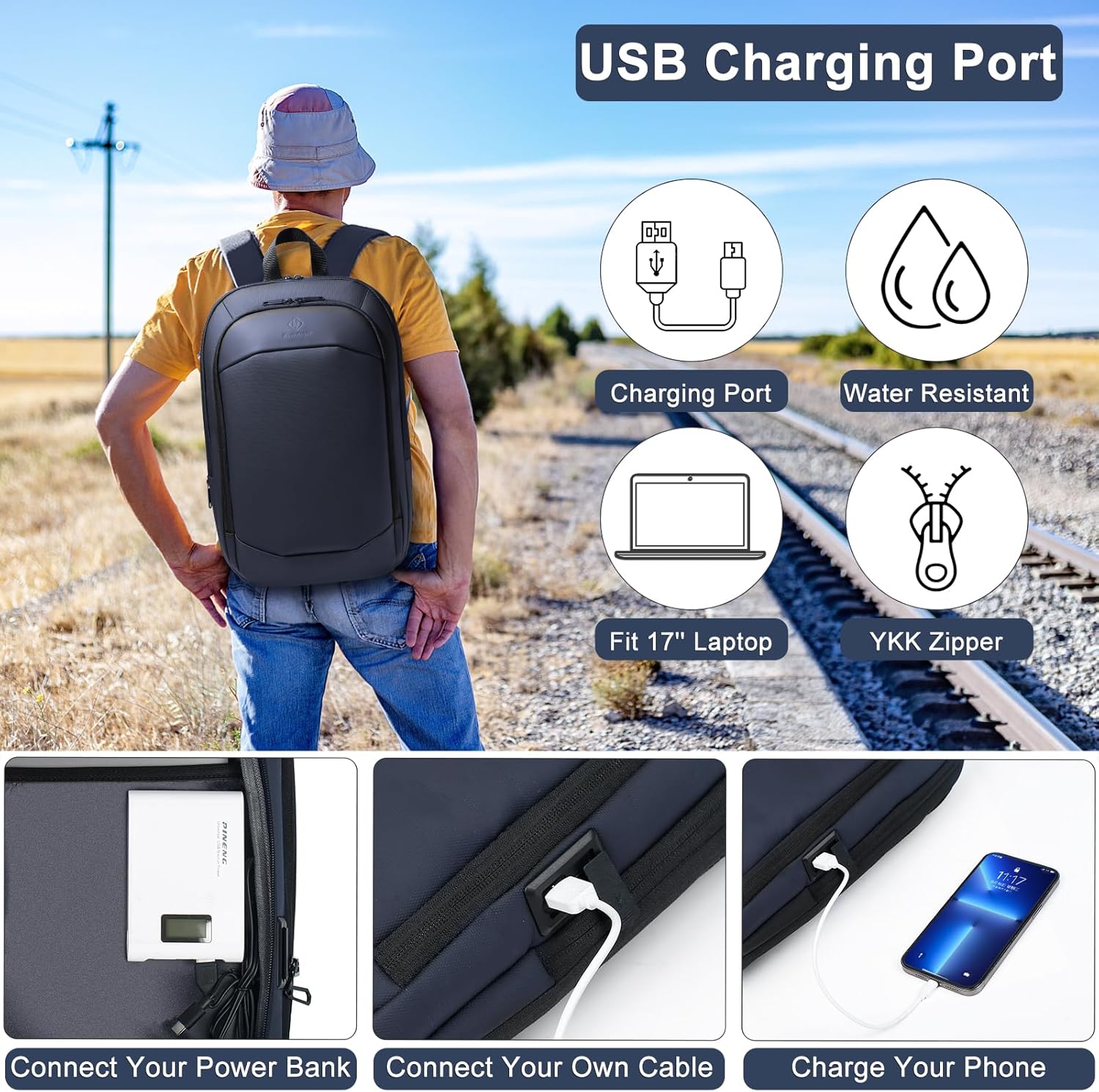 Business Backpack 17 Inch Slim Expandable Waterproof Travel Laptop Backpacks with USB Charger Port