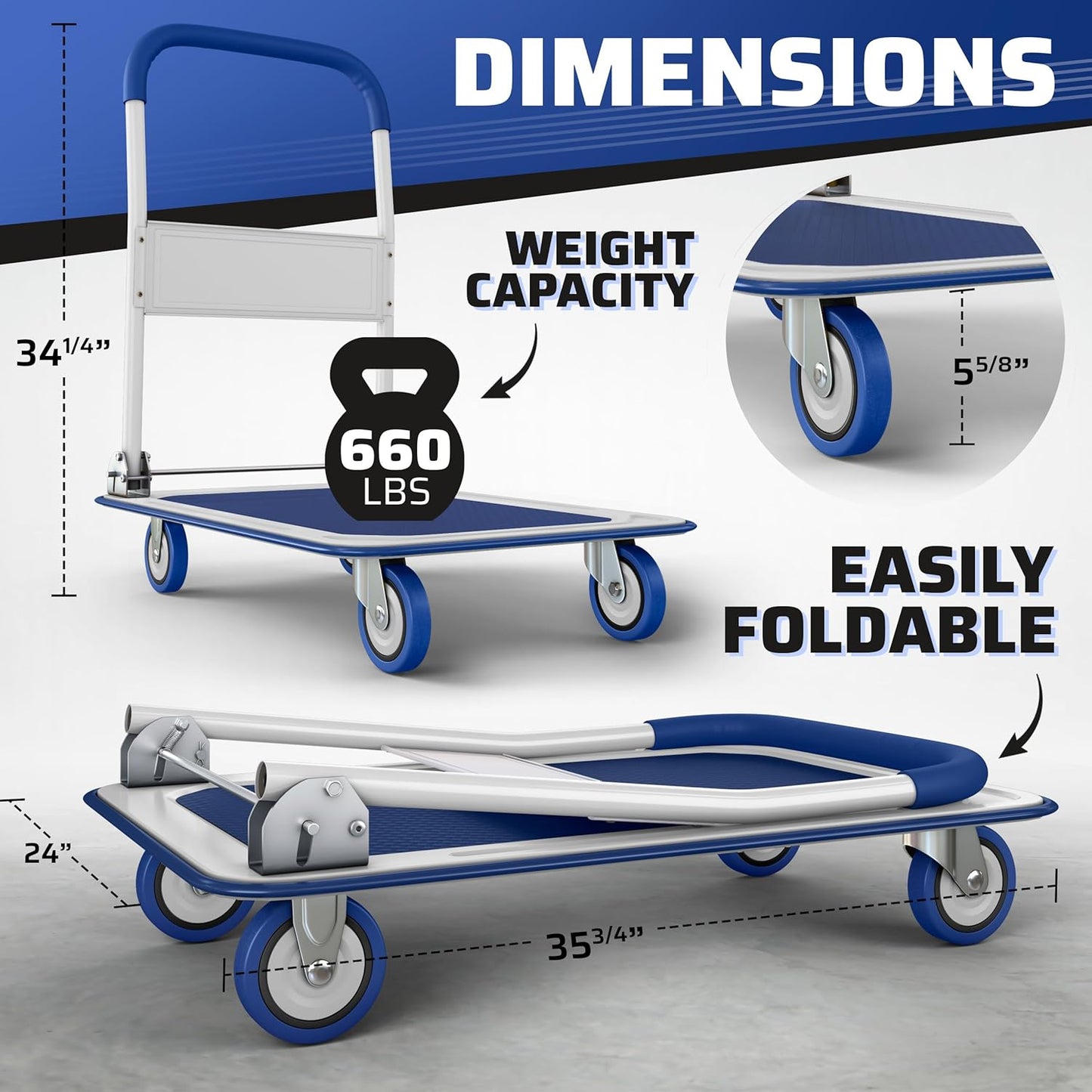 Heavy Duty Foldable Push Cart Dolly | 660 lbs. Capacity | Upgraded Collapsible Hand Truck Folding Platform with Swivel Wheels | Flat Bed Moving Wagon | Space Saving Push Handle (Blue)