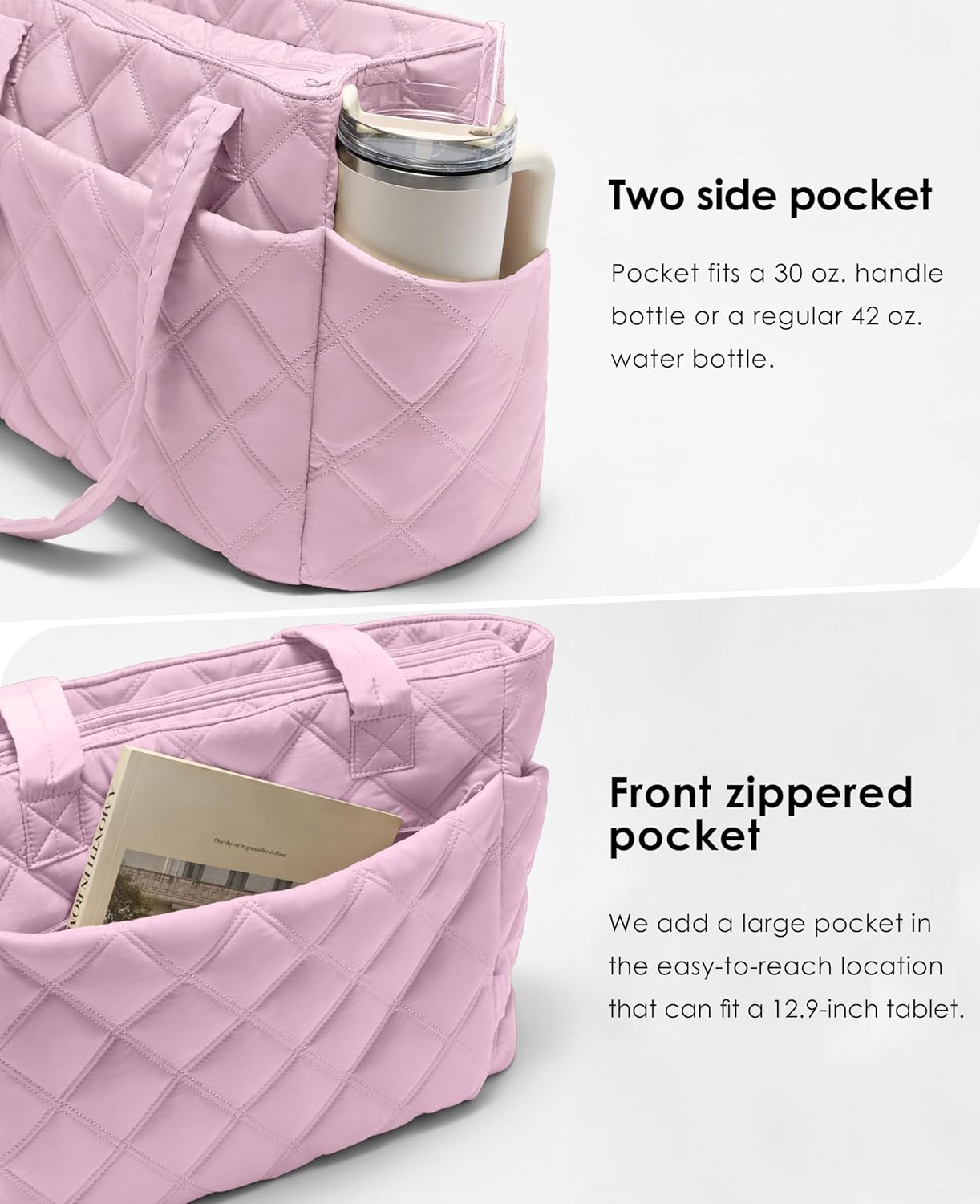 Tote Bag for Women, Lightweight Puffer Tote Work Bags with Compartments for Travel, Quilted Shoulder Bag with Zipper