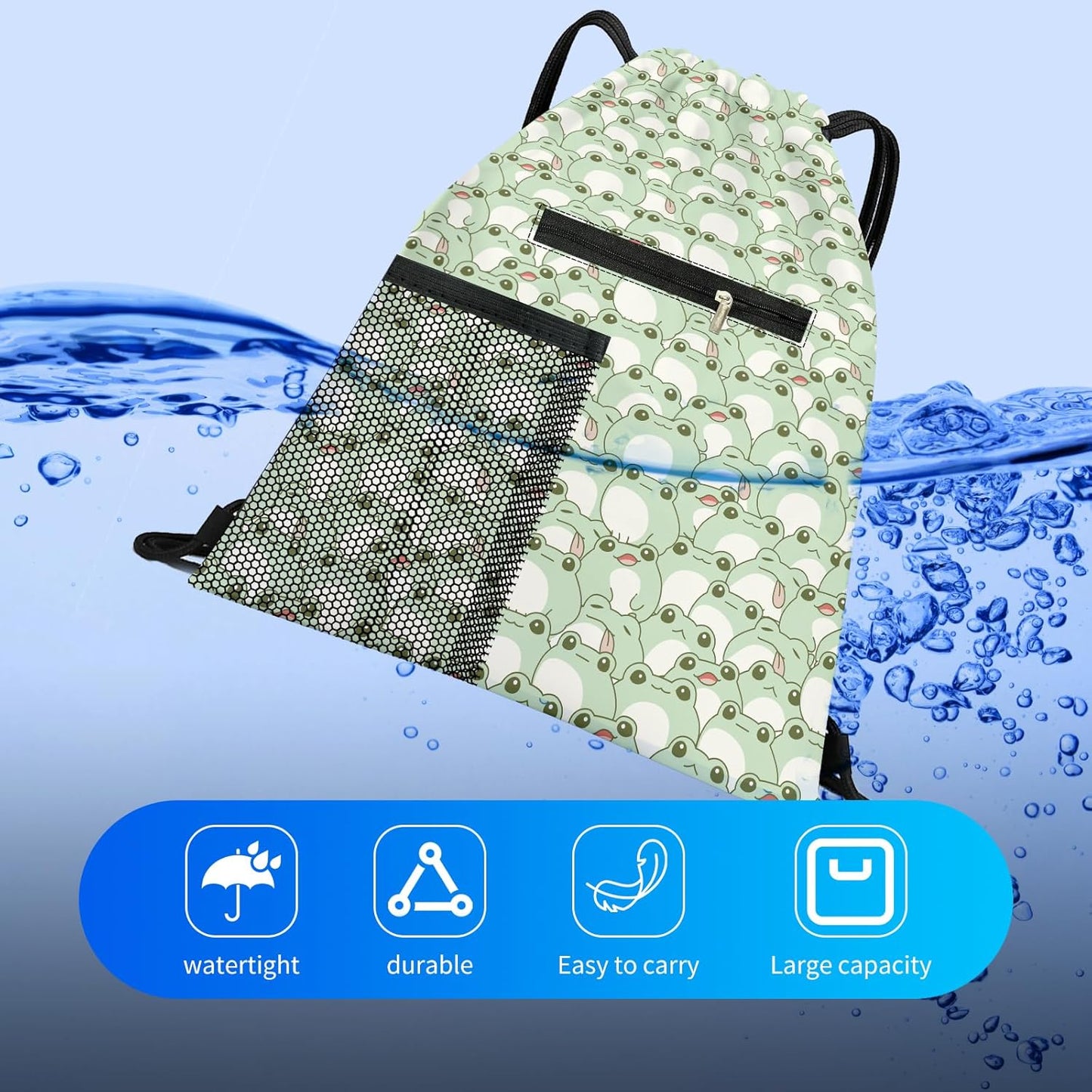 Drawstring Backpack Sports Gym Bag, Large String Swim Bag for Beach With Water Bottle Mesh Pocket